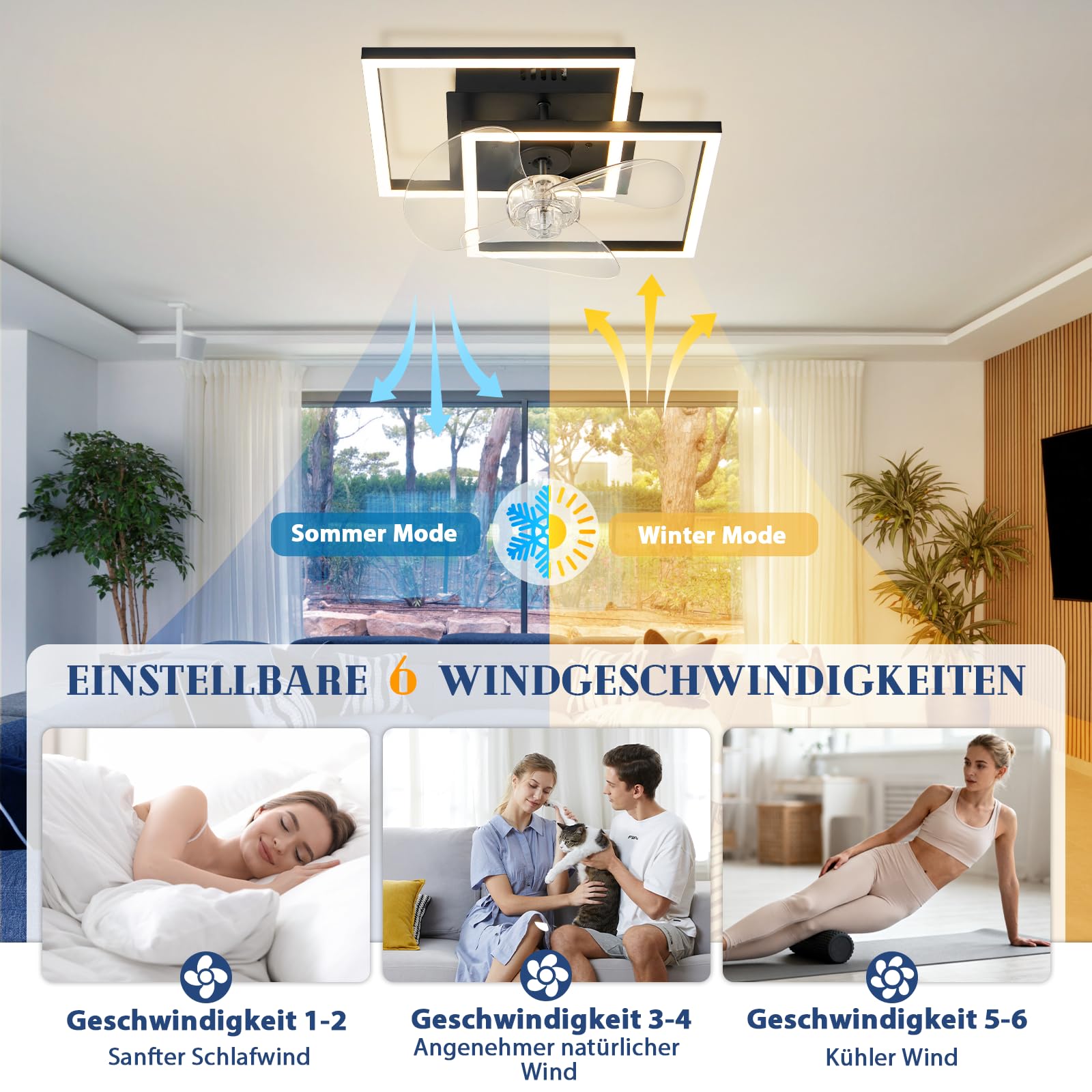 Homefire Ventilador de techo con luz - LED lampara Ventilador techo silencioso y mando a distancia negro 3000-6500K Dimmable moderno ventiladores de techo 6 velocidades motor DC para Dormitorio