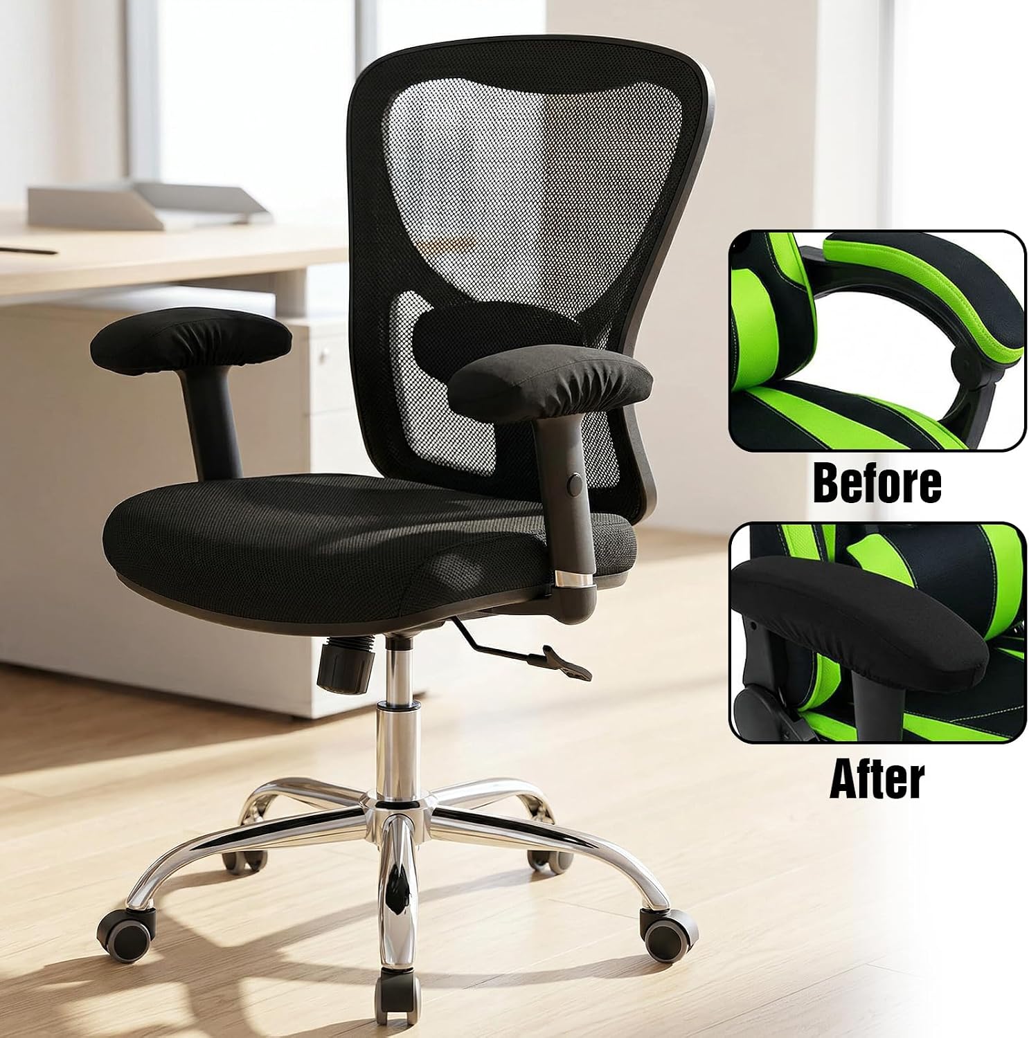 cobee 2 Pairs Armrest Chair Covers, Office Chair Armrest Covers Black Stretchable Desk Chairs Slipcovers Universal Arms Rest Cover for Gaming Home Office Chairs(Length-28cm)