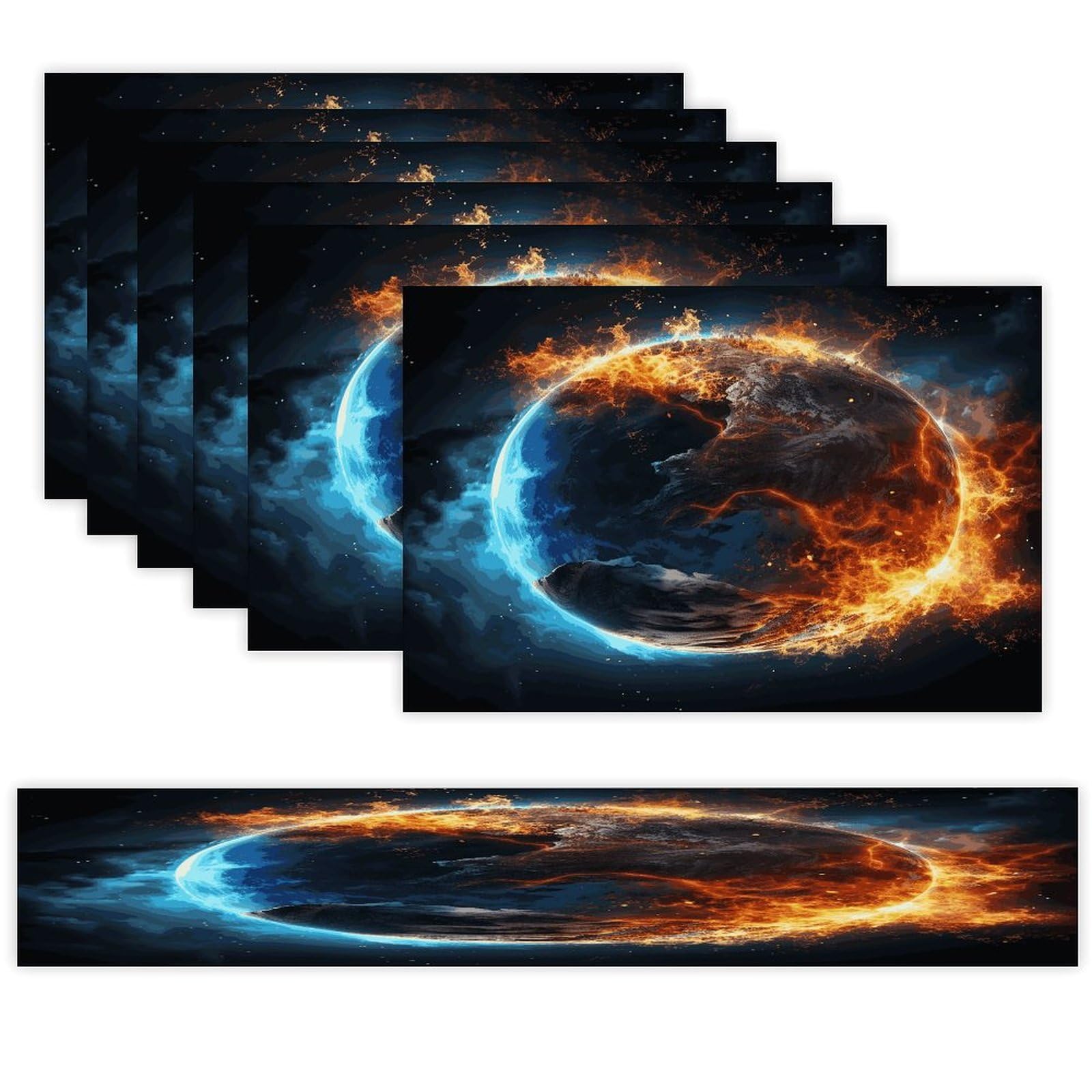 Planet Ice and Fire Table Runner and Placemats Set of 6 for Kitchen Washable Table Mats Heat Resistant Place Mats Non-Slip Place Mat Wipeable Placemat(6 Placemats+1 Table Runner)