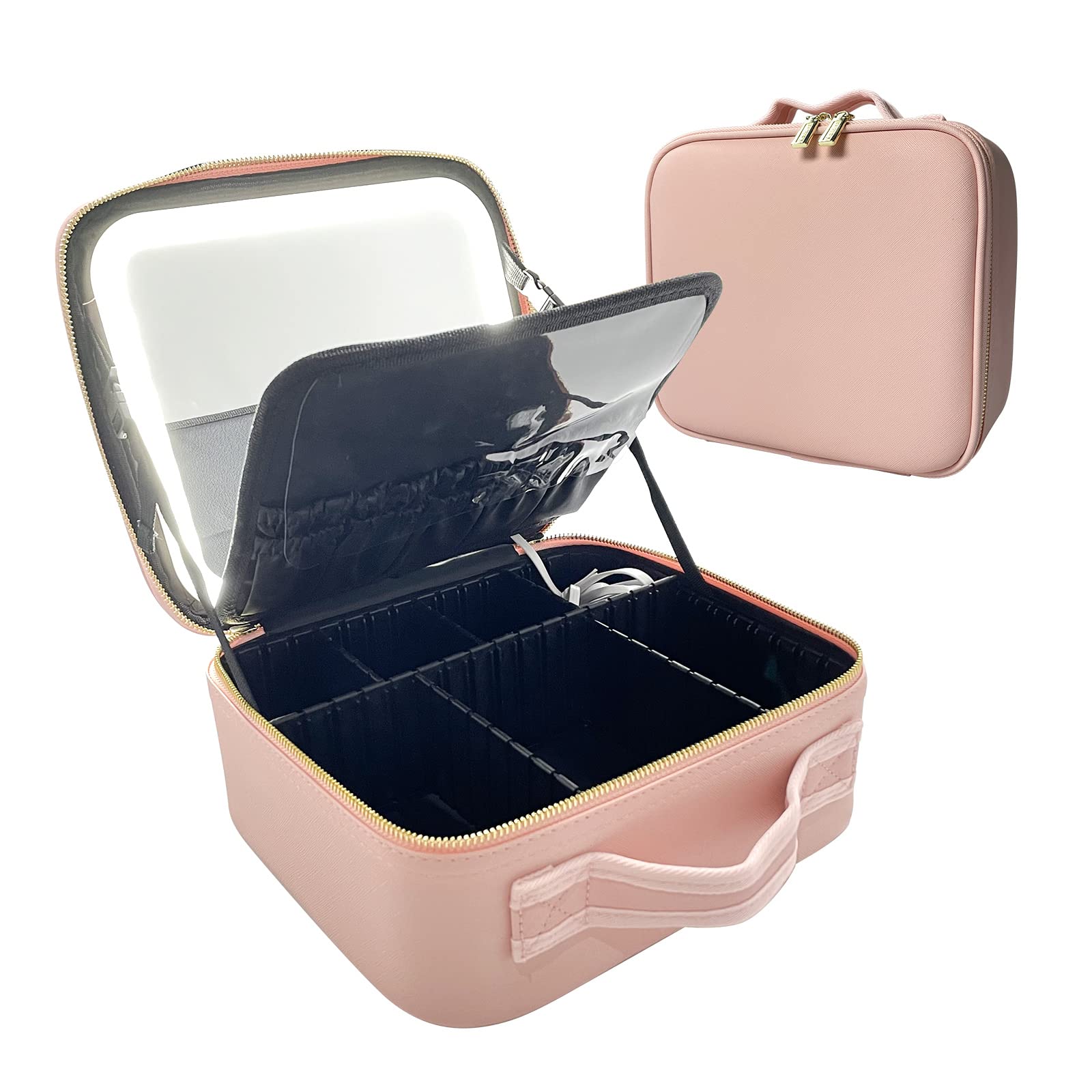 Makeup Bag with Mirror and 3 Color LED Light, Travel Cosmetic Train Case Organizer with Adjustable Dividers Makeup Storage Waterproof Portable Makeup Bag for Women Day Gift Pink