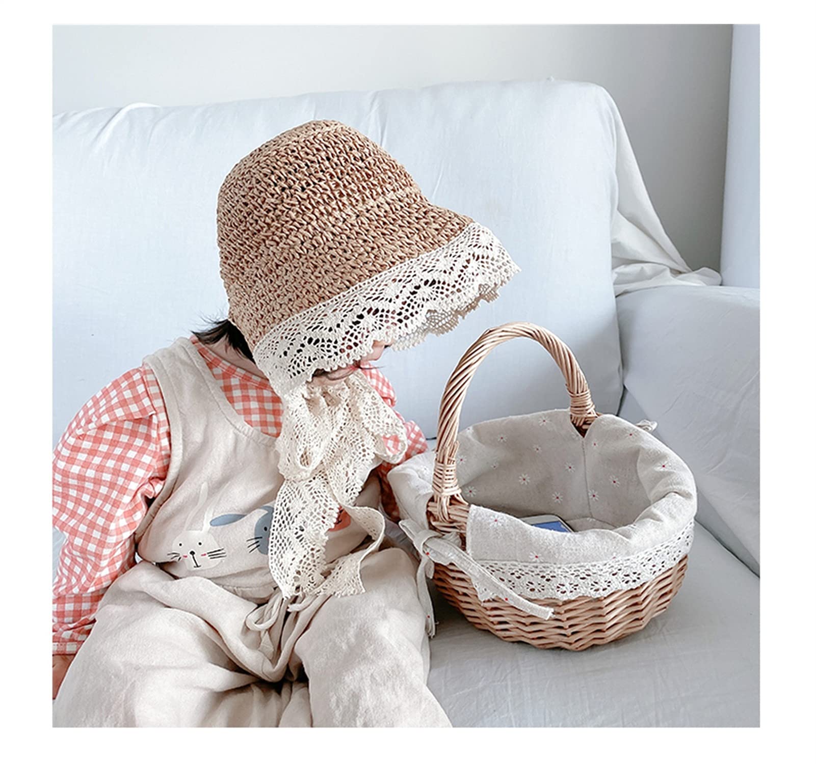 Kinder-Sommerhut, Kinder-Baby-Strohhut, Baby-Eltern-Kind-Mädchen, Frühling und Herbst, Sonnenschutz, Sonnenschutz, Spitze, koreanischer Sommerurlaub, Strandhut (2 L 2 7Y)