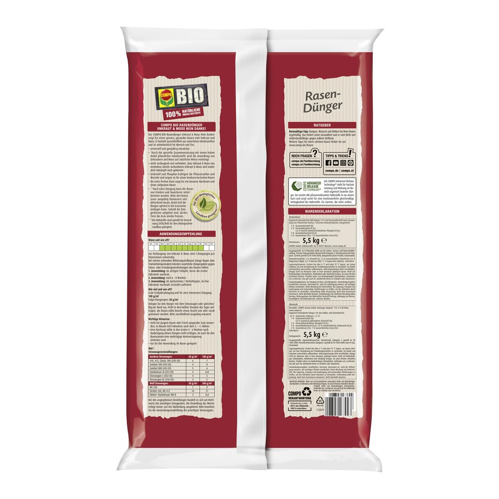 COMPO BIO Rasendünger Unkraut & Moos Stopp, 5,5 kg für 110 m² - verhindert Ansiedlung von Moos und Unkräutern - 100% natürliche… – Ansicht 2