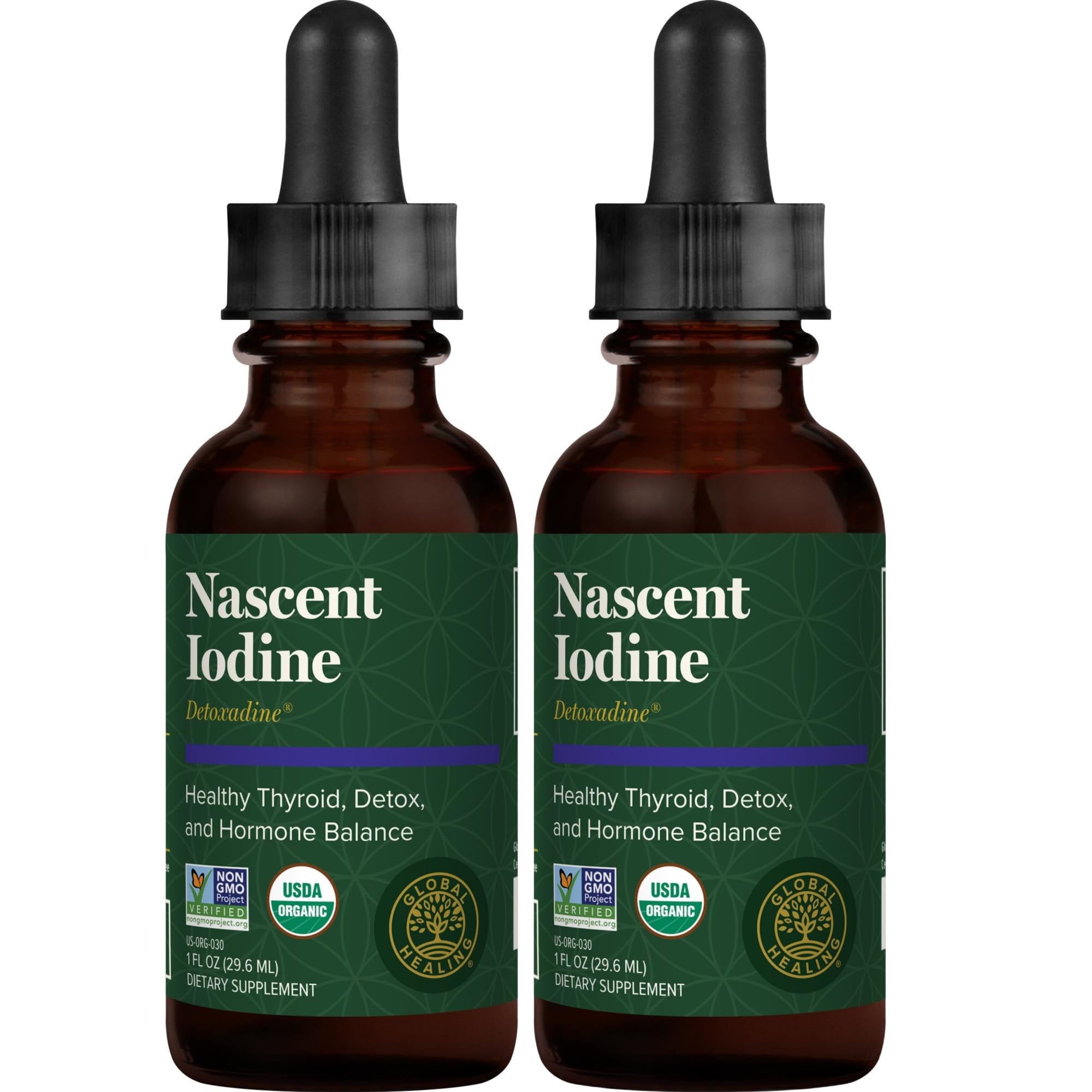 Global Healing Center - Detoxadine - Organic Nascent Liquid Iodine Supplement Drops for Thyroid Support, Detox Cleanse, and Metabolism, Vegan, 200 Servings Iodine Drops (1 Oz)(2-Pack)