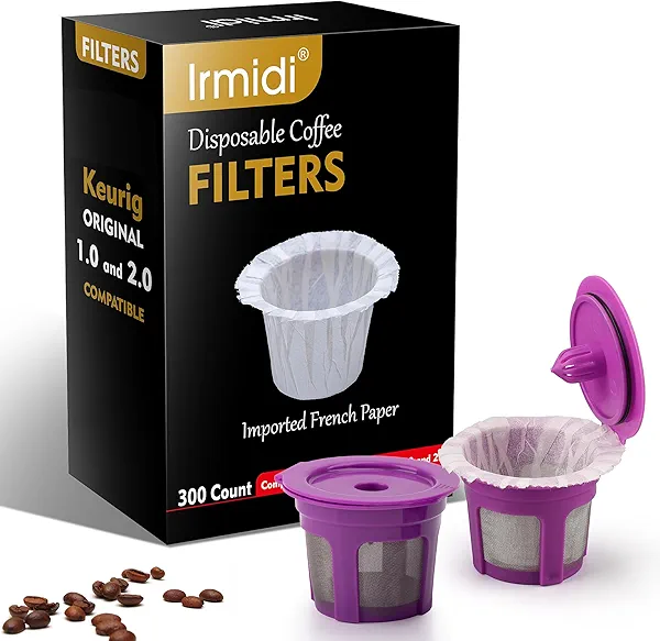 Irmidi 300 Count Disposable Paper Filter with 2 Pack Reusable K Cups Coffee Pods,Compatible with Keurig 2.0 and 1.0 Coffee Maker