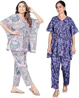 Vlazom Women's 100% Cotton Printed Kaftan & Pyjama Set – Combo Pack of 2 | Free Size Nightwear with Pocket | Soft Cotton L... Price In India