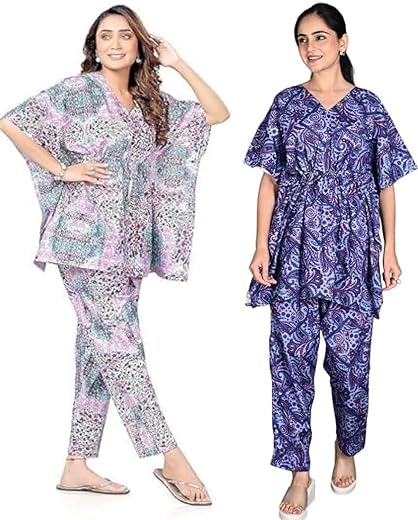 Vlazom Women's 100% Cotton Printed Kaftan &amp; Pyjama Set – Combo Pack of 2 | Free Size Nightwear with Pocket | Soft Cotton L...