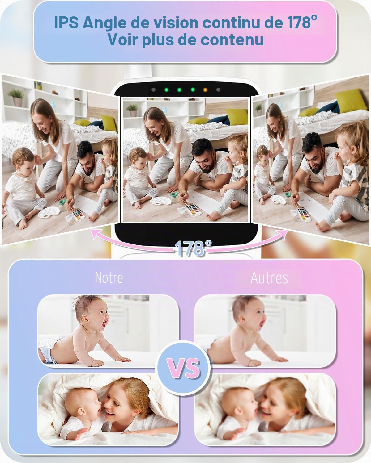 HelloBaby babyphone caméra,29 Heures de Batterie Babyphone Caméra Bébé, 355°/120° Caméra PTZ Longue Portée,Eco,Affichage de l'heure, Conversation Bidirectionnelle, Jusqu'à 1000 Pieds (HB6240)