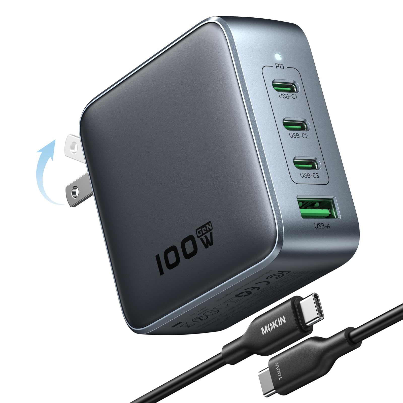 Cargador USB C de 100 W, cargador GaN de 4 puertos USB C estación de carga rápida plegable cargador de pared compacto adaptador de corriente para MacBook Pro/Air, Dell XPS, iPad Pro, iPhone 16/15,