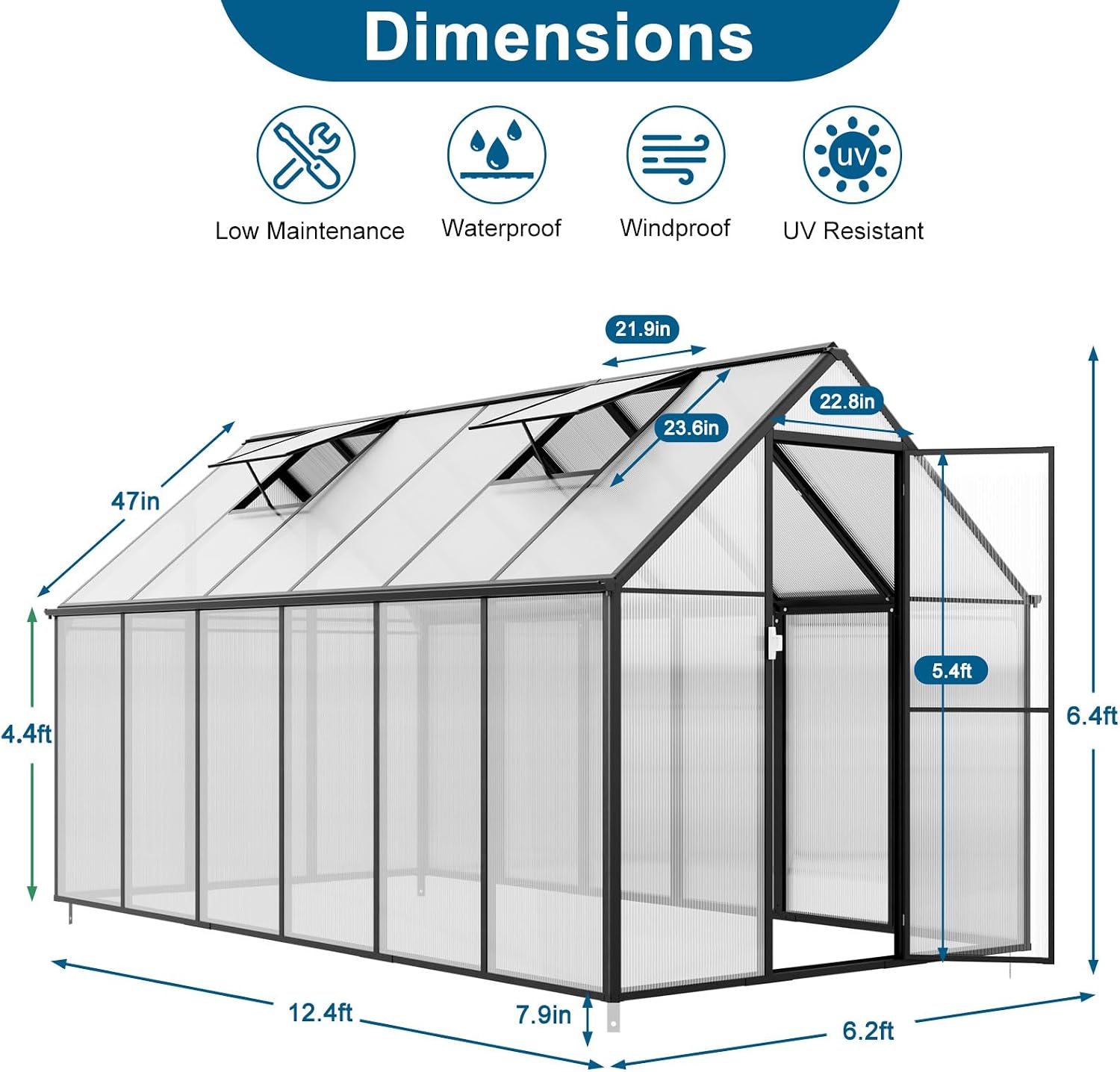 12x6x6 FT Polycarbonate Greenhouse for Outdoors, Heavy Duty Green House Kit with Vents Door, Walk in Green Houses for Backyard Outside Garden
