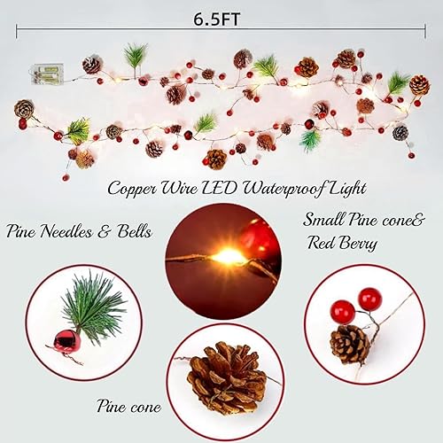 Miniatura 3 de Niurui Guirnalda de Navidad con luces, guirnalda de conos de pino de bayas rojas, guirnalda de 20 luces LED de 6.5 pies, funciona con pilas,