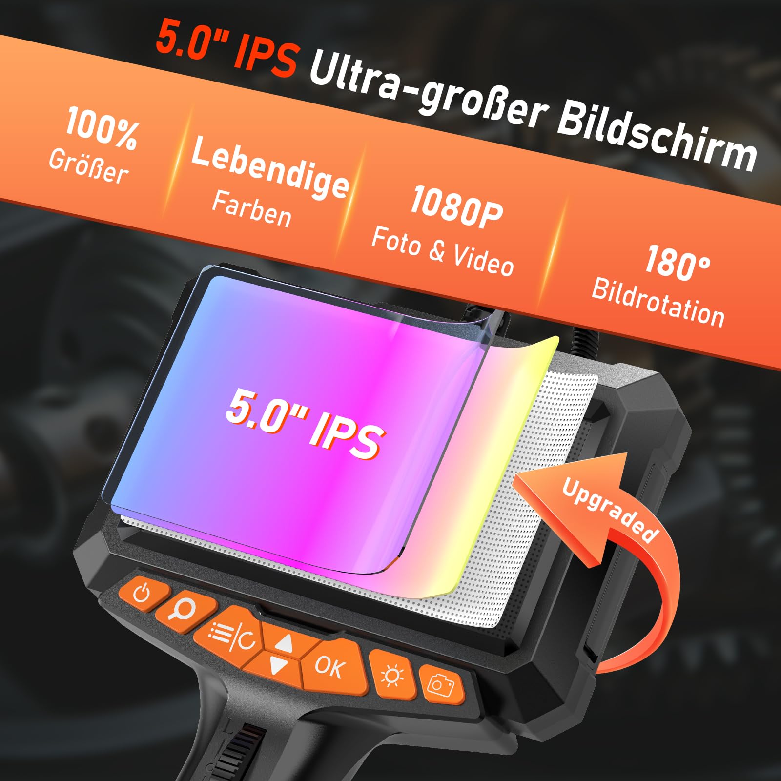 Endoskopkamera mit Licht, 1080P HD 5'' LCD 360° Drehbare Endoskop