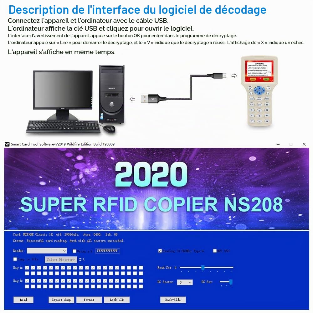 KDL RFID Lecteur de Carte à Puce Writer NFC 13.56MHz Copier 125KHz Duplicator Logiciel de décodage multifréquence Support USB avec 125KHz / 13.56MHz Dual Frequency Writable Key fobs