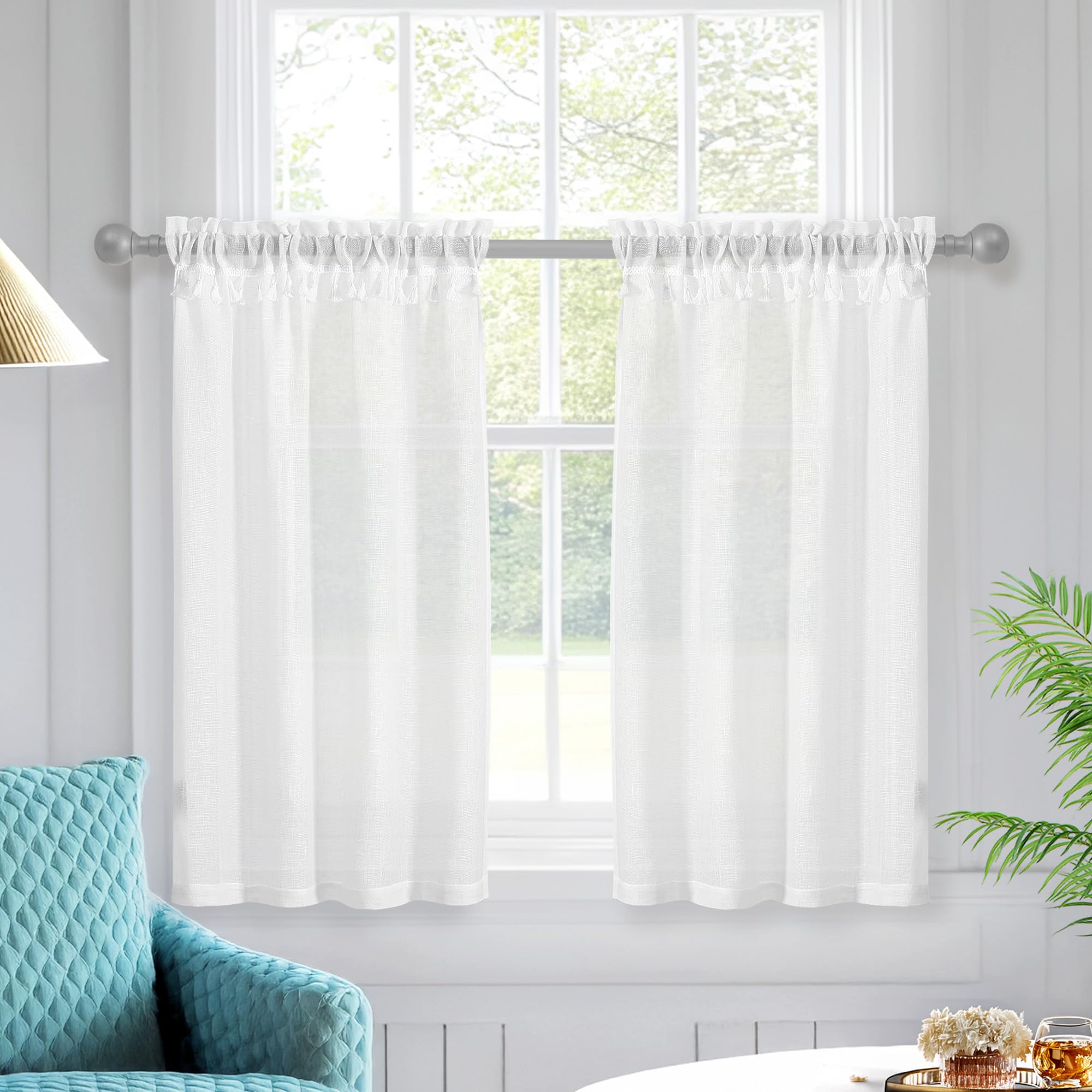 Deconovo Linen Blended Kitchen Curtains, Farmhouse Semi Sheer Rod Pocket Light Filtering Cafe Tier Curtains for Bathroom,White,26W x 45L,2 Panels