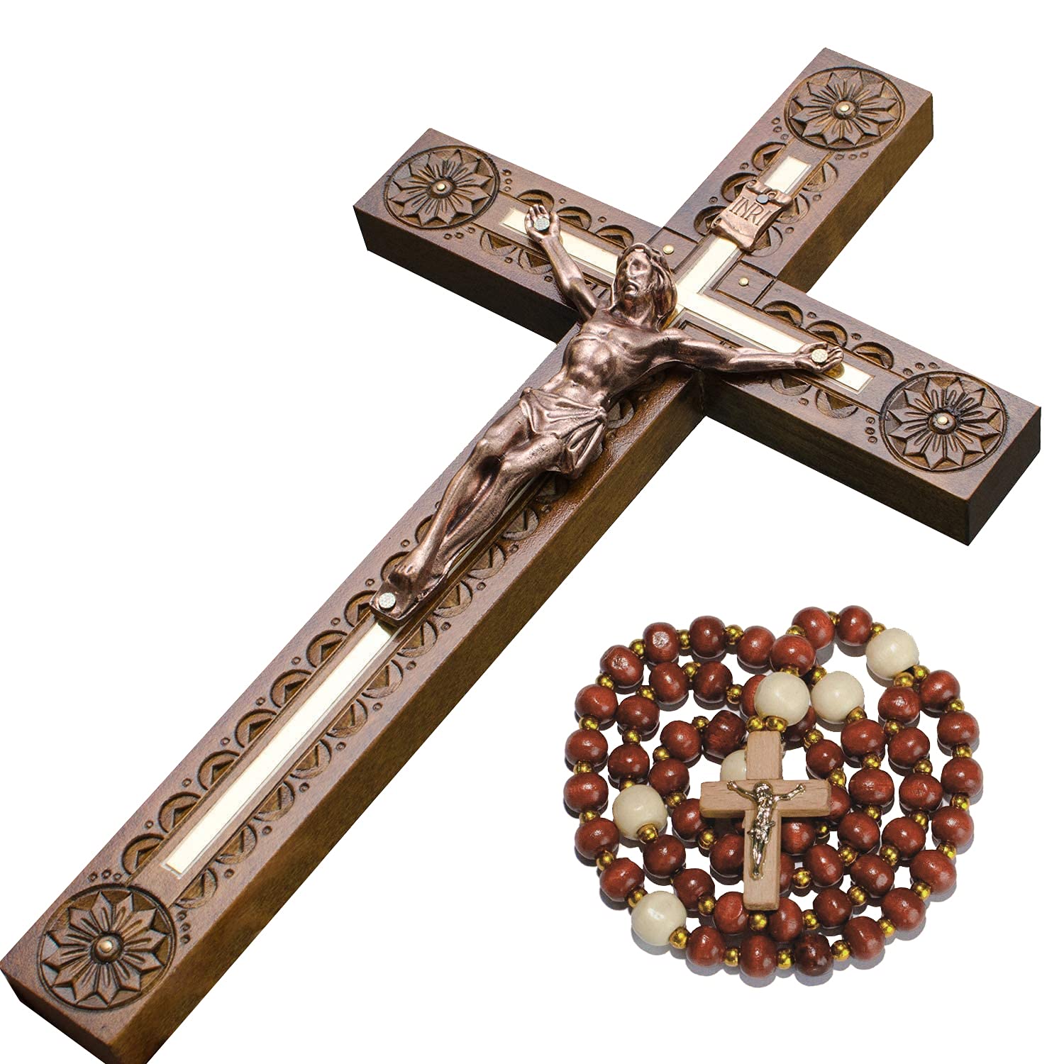 Hand Carved Crucifix Wall Cross for Home Decor - Wooden Catholic Wall Crucifix - 12 Inch