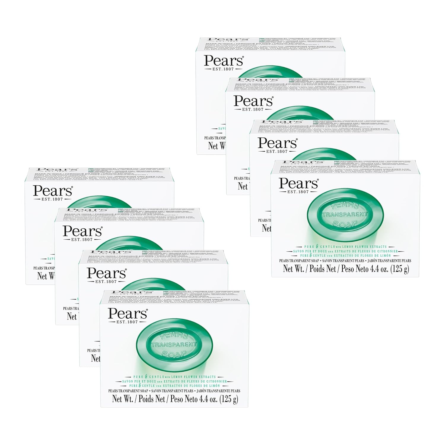 Pears Pure & Gentle Glycerin Lemon Flower Extract Transparent Soap Bar 8 Pack Green for Radiant Moisturized Skin Men Women