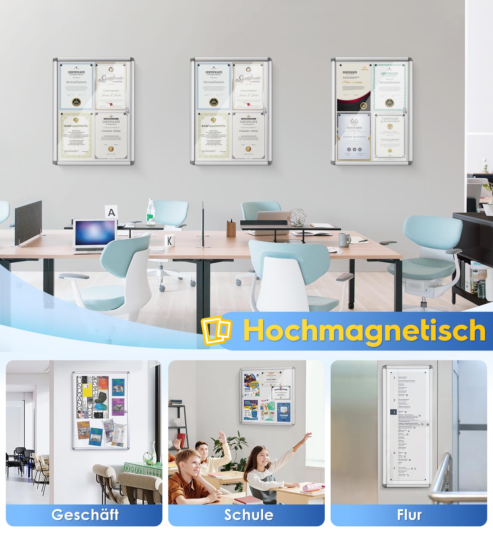 SWANCROWN Schaukasten 4xA4 Abschließbar Magnetisches Whiteboard Rückwand Aushang Aushangkasten für Hausflur, Condominio, Treppenhaus und Restaurant, 67 x 50 cm