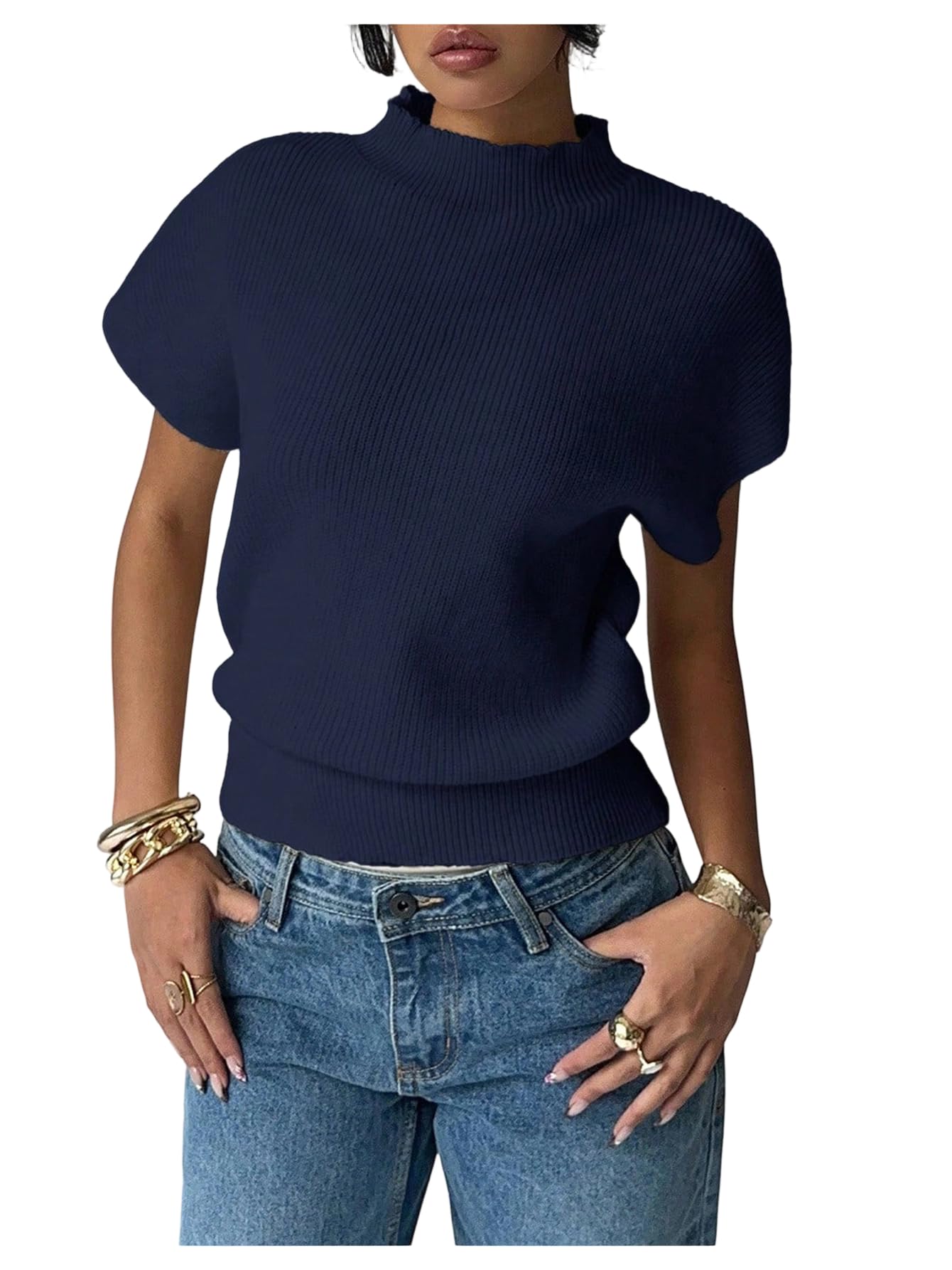 SOLY HUX Womens Short Sleeve Sweater Pullover Mock Neck Ribbed Knit Tops Work Office Outfit