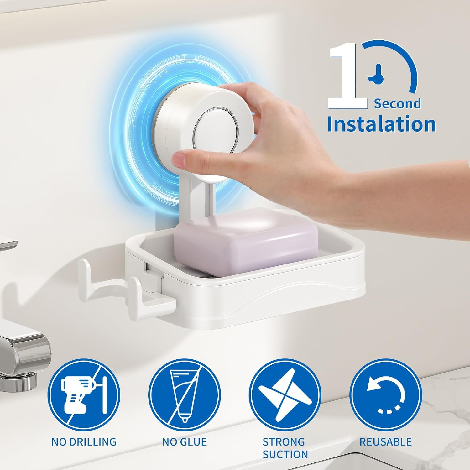 Soap Dish Holder Shower Wall, No Drill Self Adhesive Wall Mount Soap Saver Tray Self Draining for Bar Soap, Plastic Soap Holder Bathroom Kitchen Sink Tub, Space Saving Renter Friendly Renters