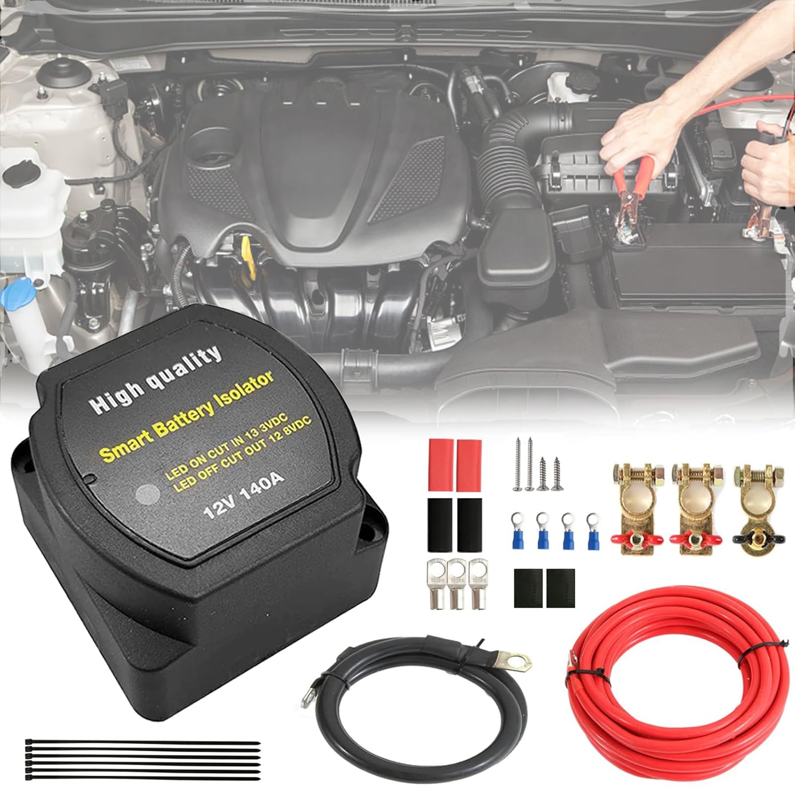 Kit de Relais de Charge Divisé, Coupe Circuit Batterie 12v,Kit Séparateur de Batterie Double 12V 140amp,Isolateur de Batterie Intelligent,Relais Sensible à la Tension VSR, pour Voiture,Caravane