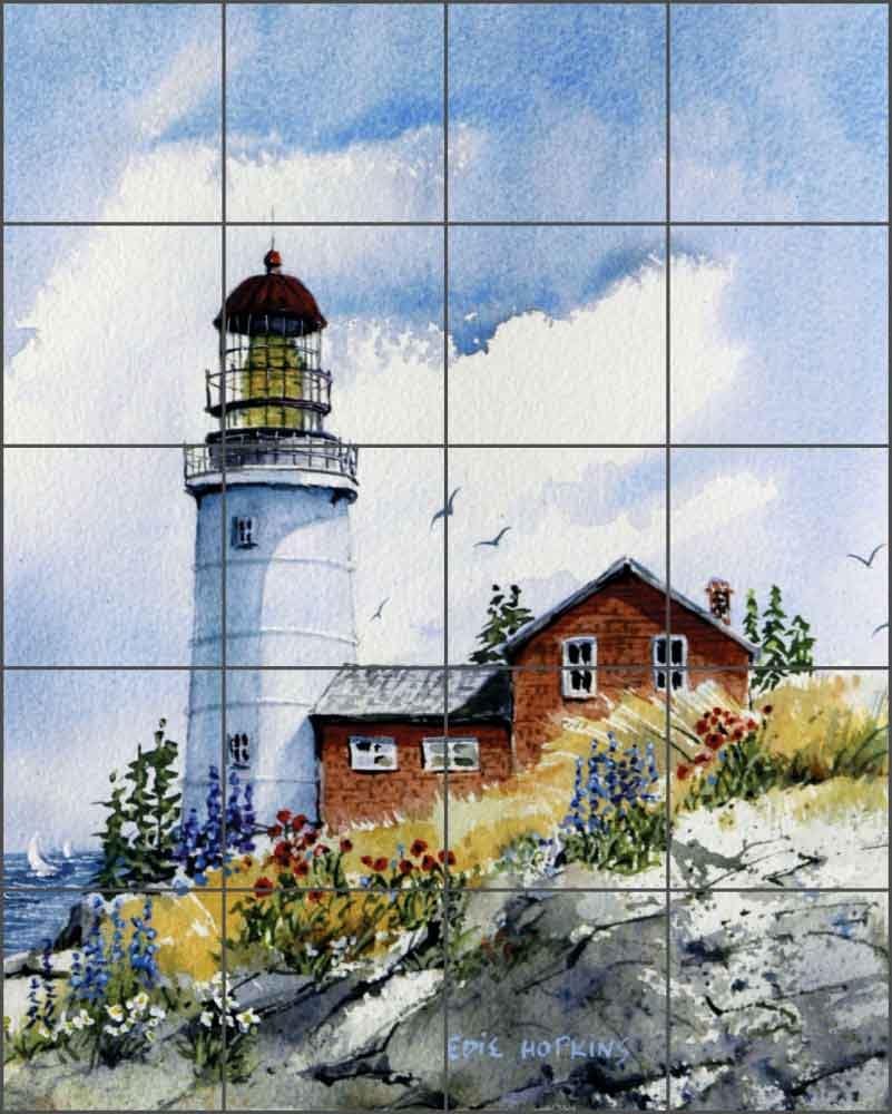 Ceramic Tile Mural Backsplash - Lighthouse Art - Sequin's Island Light, Maine by Edie Hopkins - Kitchen Bathroom Shower (24" x 30" - 6" Tiles)