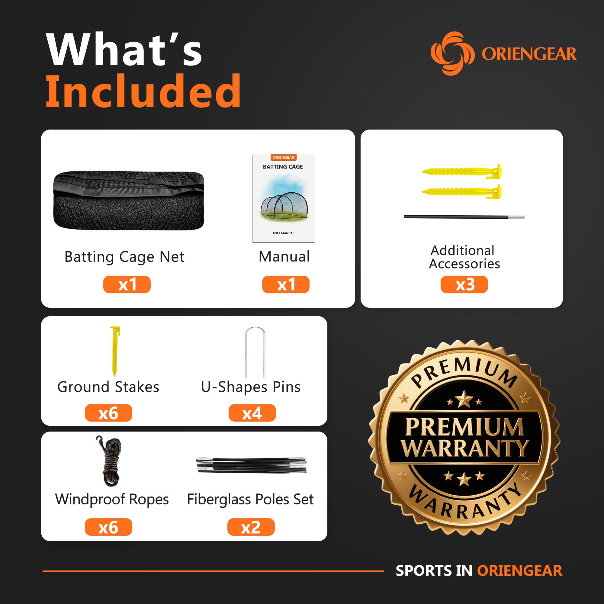 ORIENGEAR Baseball Batting Cage 13/20/30ft for Backyard, Baseball Training Equipment Netting Cages, Golf Softball Baseball Nets for Batting with Frame and Net, Hitting and Pitching Practice