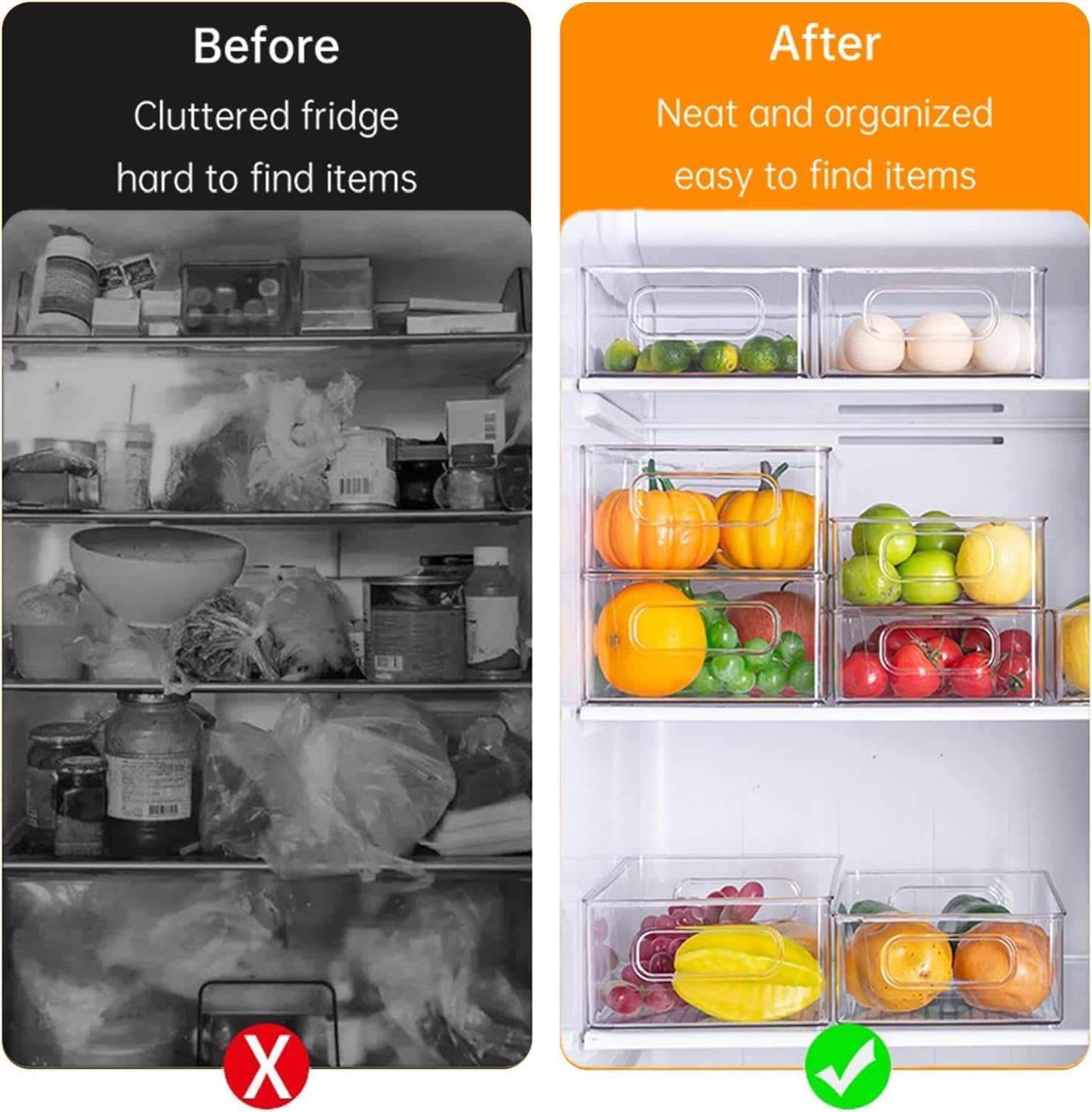 Paquete de 12 contenedores organizadores de refrigerador, 3 tamaños, apilables, transparentes, almacenamiento de despensa con asas para refrigerador, congelador, estantes, cajón