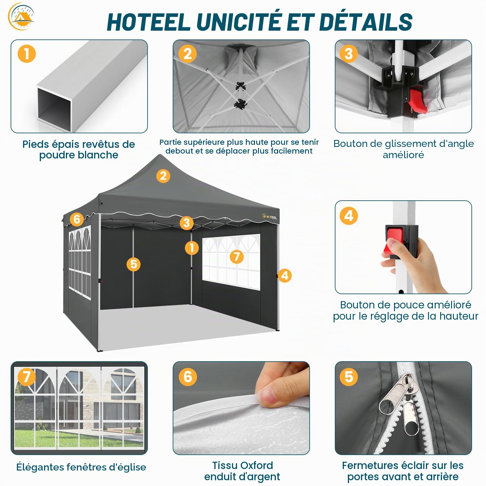 HOTEEL Tonnelle Pliante 3x3 Imperméable avec 4 Parois Latérales, Installation Facile Barnum Pliant 3x3 Portable Tonnelle de Jardin Exterieur avec 4 Sacs de Sable pour Fête, Festival, Marché, Gris