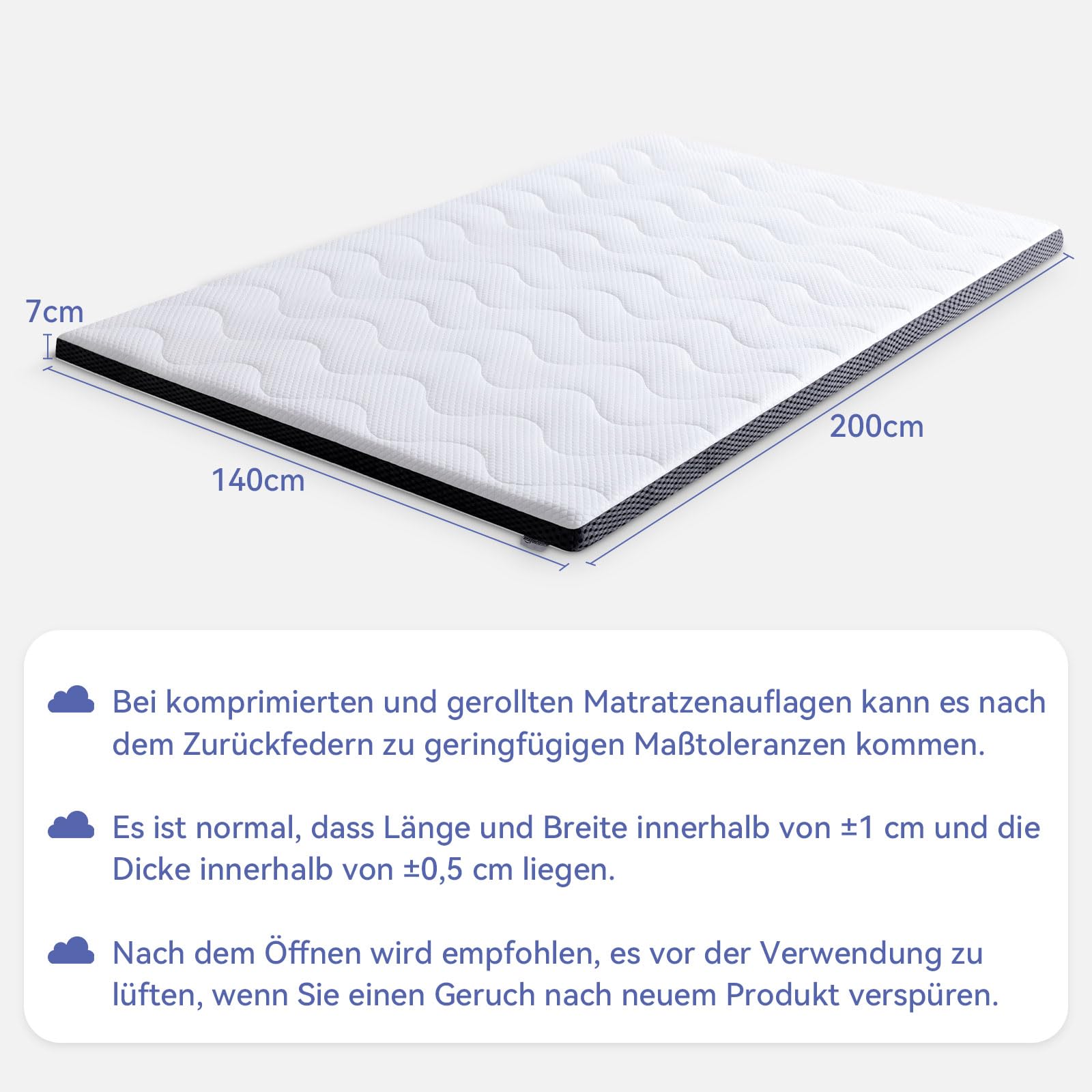Amazon Basics Matratzen Topper 140 x 200 cm, 7 cm Höhe Gel-Schaum Matratzenauflage, weiß