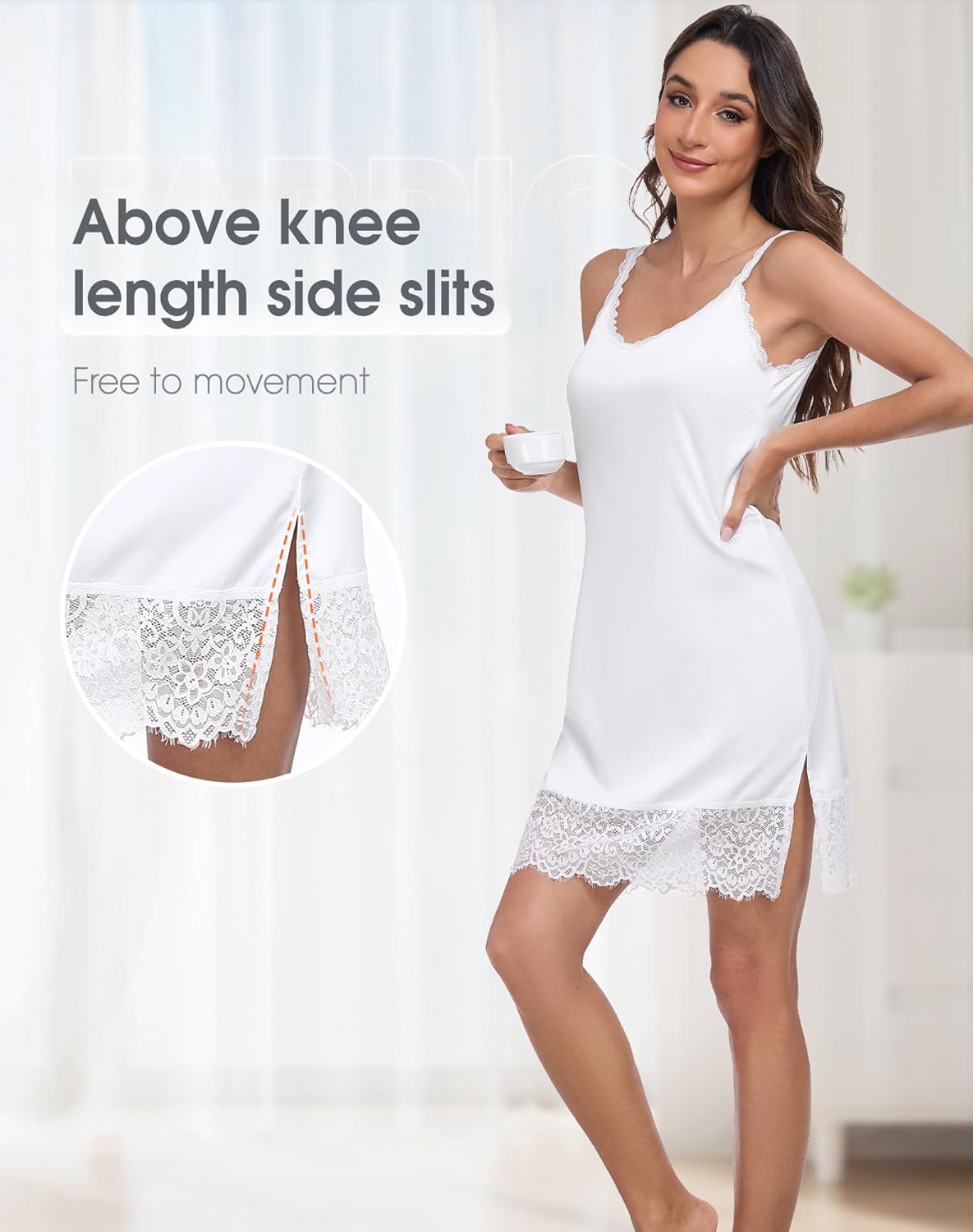 Stain Full Slip for Women Under Dresses Lace Trim Underdress Slip Nightgown V Neck Sleepwear - Image 4