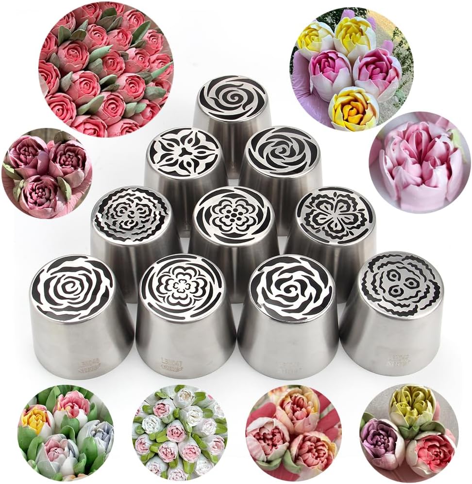 10 Pieces Extra Large Stainless Steel Seamless Russian Flower Piping Tips Kit for Marshmallow Bouquet,Cake Decorating Floral Icing Nozzles Set, 10 Icing Nozzles with 1 Clean Brush,1 Pastry Bag(XXL,A)