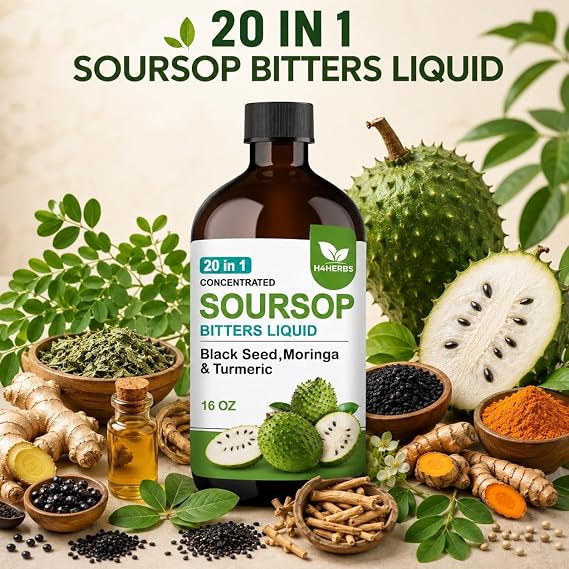 Soursop Bitters Liquid 16 fl oz - Traditional Bitters Formula with Black Seed, Moringa & Turmeric
