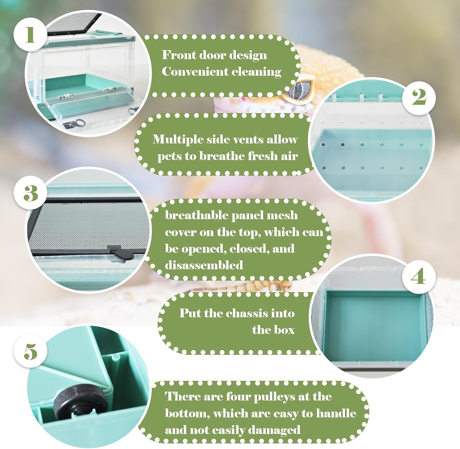 PINVNBY Plastic Reptile Feeding Box with Wheels,Reptiles Breeding Enclosure Cages Transparent Amphibians Habitat Terrarium Tank Portable Transport Container for Lizard,Bearded Dragon(Blue)