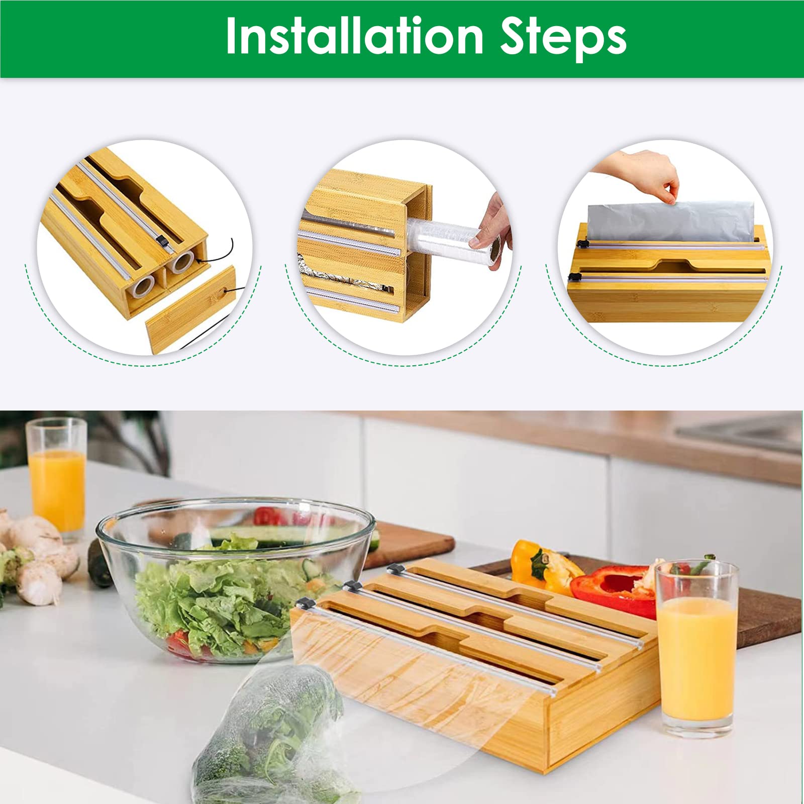Dispensador de Papel de Aluminio con Cortador, 3 en 1, Bambú, para Cajón de Cocina