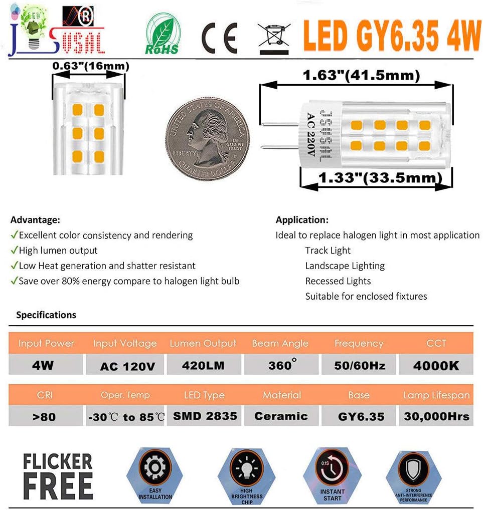 4-Pack,Non-Dimmable JCD GY6.35 LED Light Bulb,AC 120V 4W,Natrual White 4000K 420 Lumen,360° Beam Angle, 35W Equivalent, G6.35/GY6.35 Halogen/Xenon/Incandescent Replacement Bulb