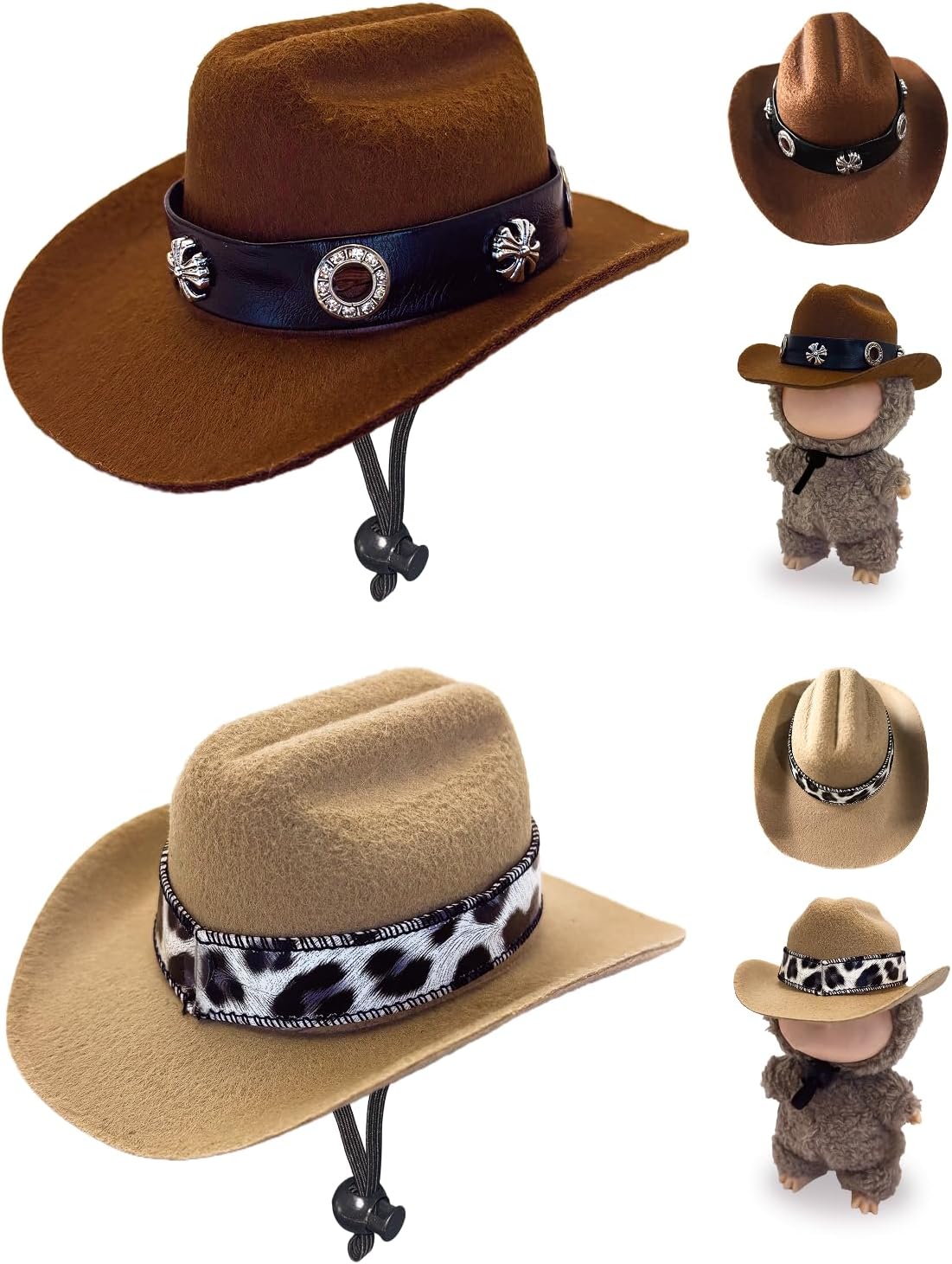 2Pcs Mini Cowboy Hats for Labubu The Monster Macaron & Big Into Energy Series, Handmade Western Style Doll Hats, Miniature Accessory for Labubu Outfits & Decoration