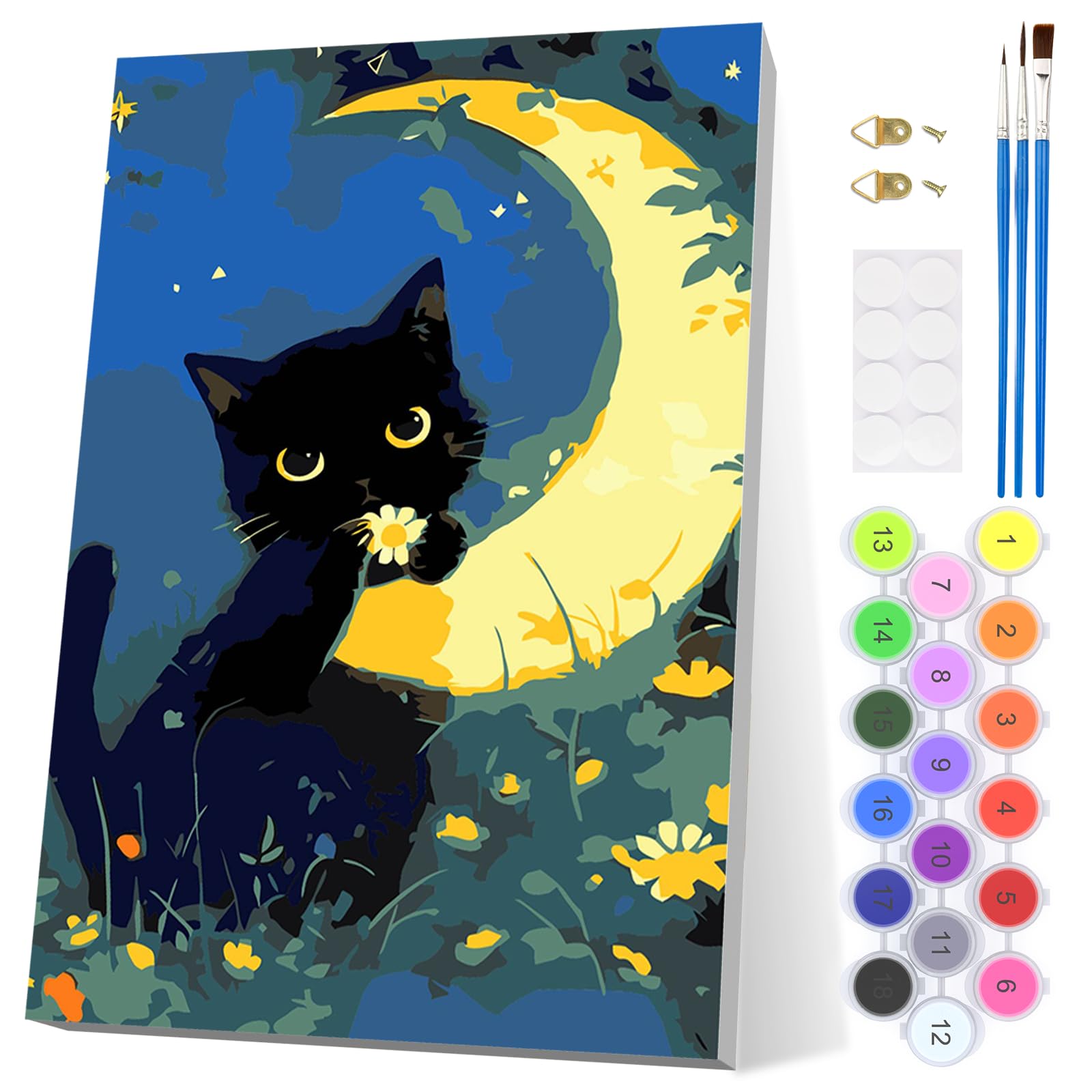 EOBROMD Black Cat Paint by Numbers for Adults Beginner with Frame, Moon Paint by Numbers Kits, Acrylic Easy Painting by Numbers for Gift Home Wall Decor 8x12in