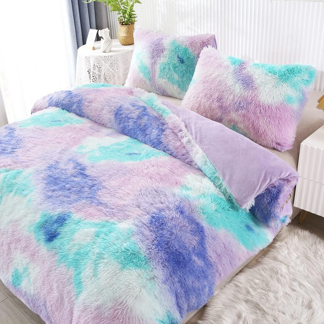 WINLIFE Shaggy Bedding Comforter Set Faux Fur Flannel Furry Long Hair Plush Comforter Sets Pastel Ombre Tie Dye Multicolor Bedding for Girls Kids (3Pcs, Twin, Teal Purple) - Image 2