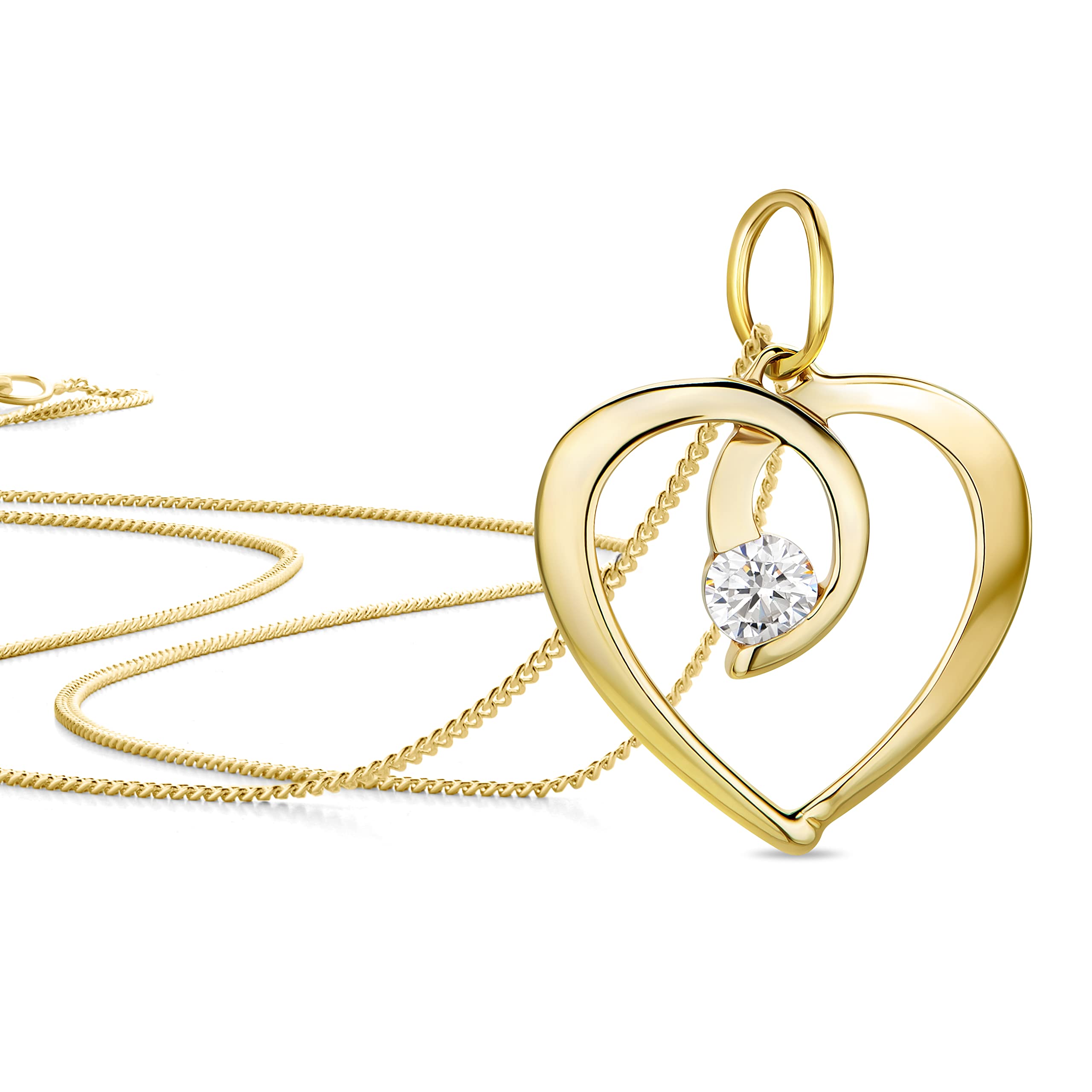 OROVI Damen Goldschmuck Herzförmiger Anhänger aus 9 Karat (375) Weißgold/Gelbgold mit Zirkonia Brillantschliff Herzanhänger inklusive kostenloser Silberkette (45 cm)