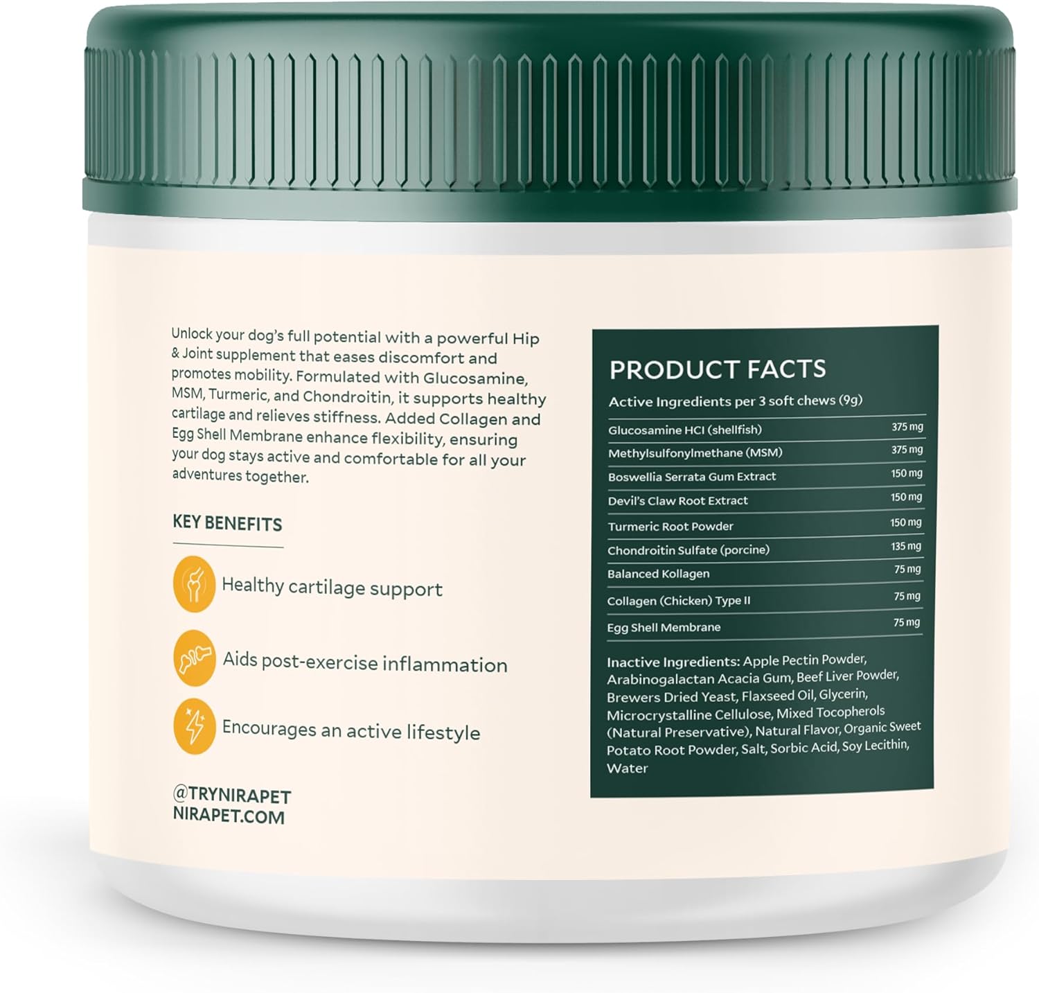 Nira Pet Hip and Joint Supplement for Dogs – Beef Flavor – 60 Soft Chews with Glucosamine, MSM, Chondroitin, Turmeric & Collagen – Supports Mobility, Stiffness & Joint Health