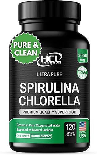 Chlorella Spirulina Powder Capsules Organic 3000 mg de algas azules verdes puras sin BMAA Mejor proteĂna vegana cruda verde superalimento pared Chlorella Spirulina Powder Capsules Organic 3000 mg de algas azules verdes puras sin BMAA Mejor proteĂna vegana cruda verde superalimento pared