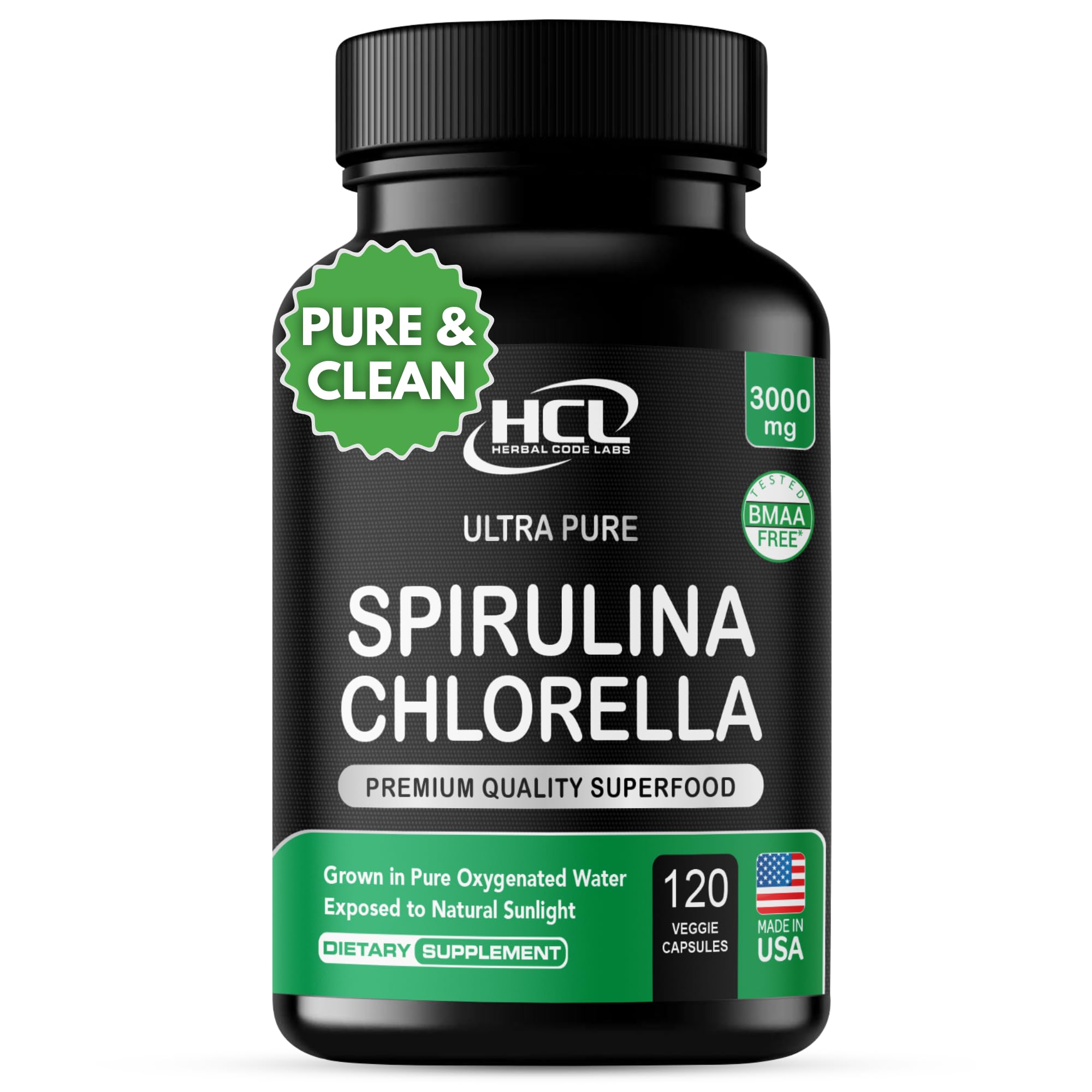 Chlorella Spirulina Powder Capsules 3000 mg of BMAA Free Purest Blue Green Algae - Best Natural Detox Raw Vegan Vitamins Protein Green Superfood - Made in USA