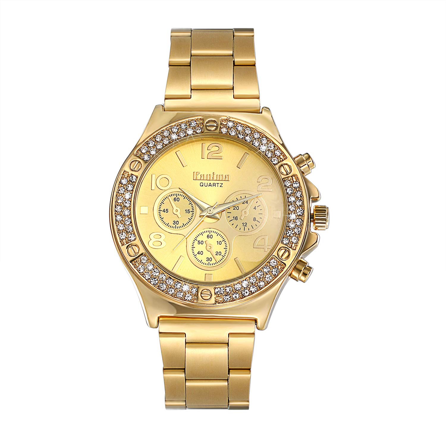 JewelryWe Uhren Herren Damen Analog Quarz Armbanduhr Elegant Edelstahl Band Business Casual Uhr mit Doppel Reihe Strass Digital Zifferblatt, Silber Gold Rosegold Gold (new)