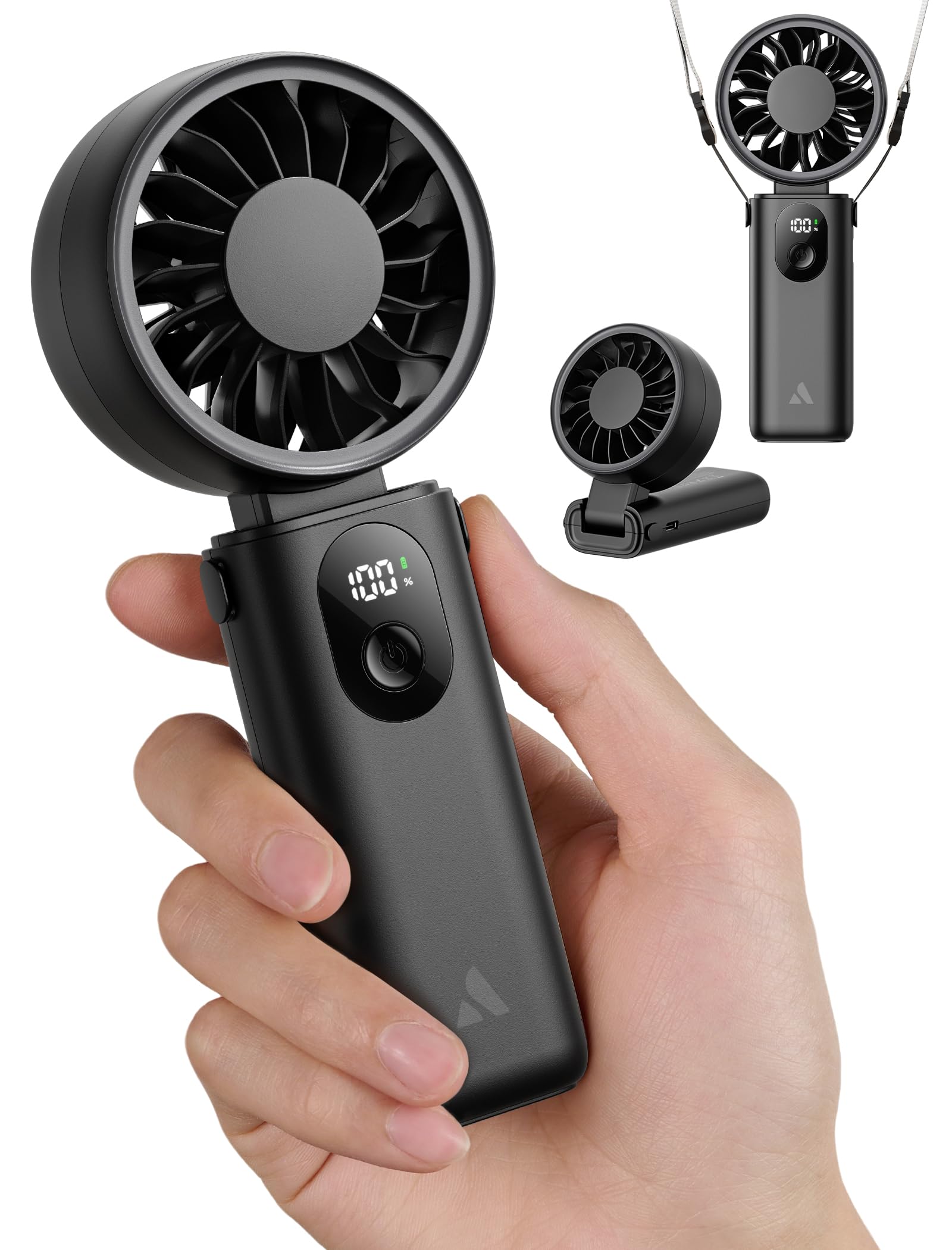 Aecooly Mighty Handheld Portable Fan,USB Rechargeable Mini Personal,5 Speeds Wind,20H Max Cooling,3 Flexible Modes Foldable Fan with Battery Level LED Display, Travel Essentials,Gifts for Women-Black — image 1