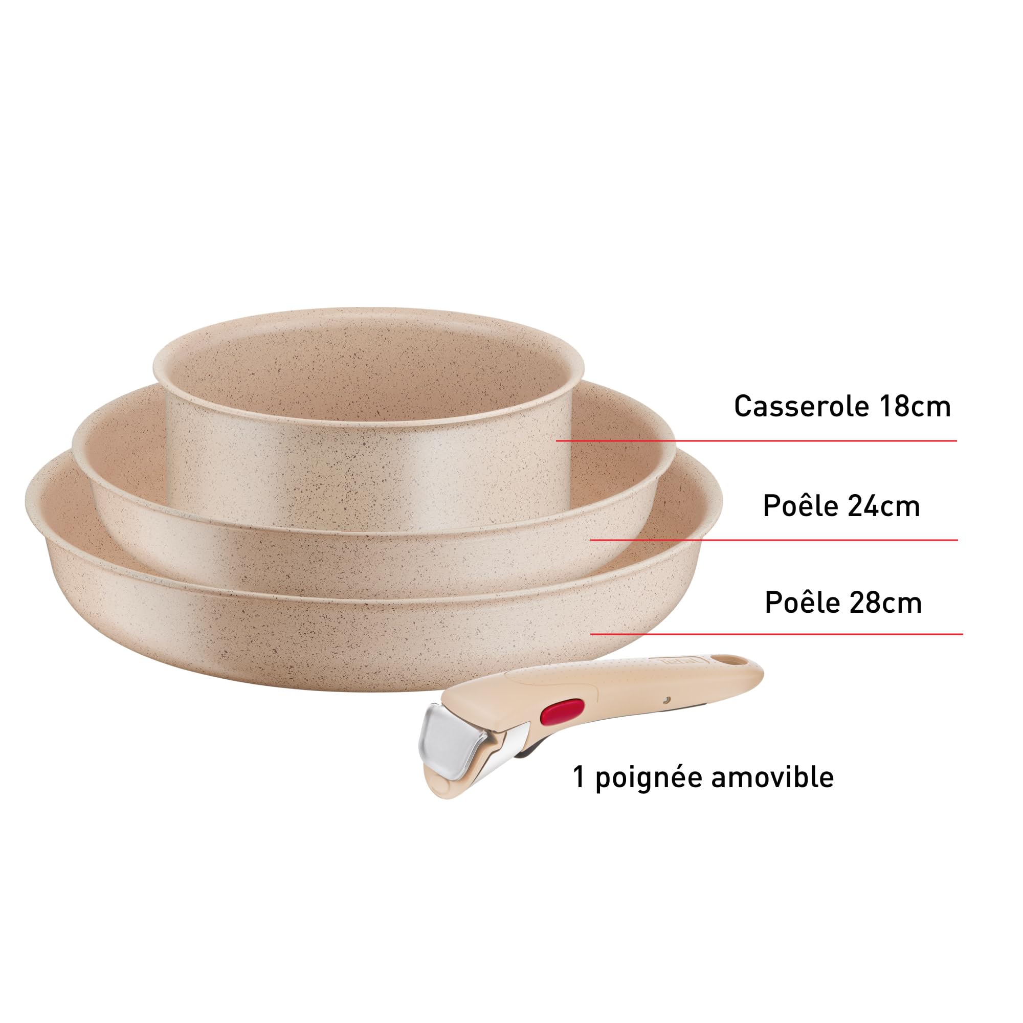 Tefal Ingenio Delight, Poêles 24cm et 28cm, Casserole 18cm, Poignée amovible, Antiadhésif, Corps aluminium 100% recyclé, Tous feux, L7839102