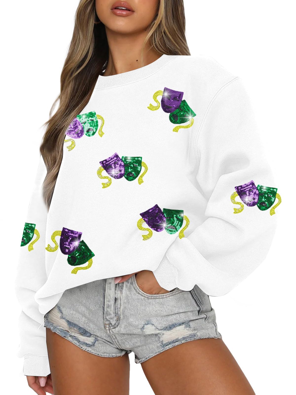 kiddad Mardi Gras Sweatshirt for Women Carnival Sequin Crewneck Sweater Mask Graphic Pullover Tops Funny Holiday Shirts-picture-10