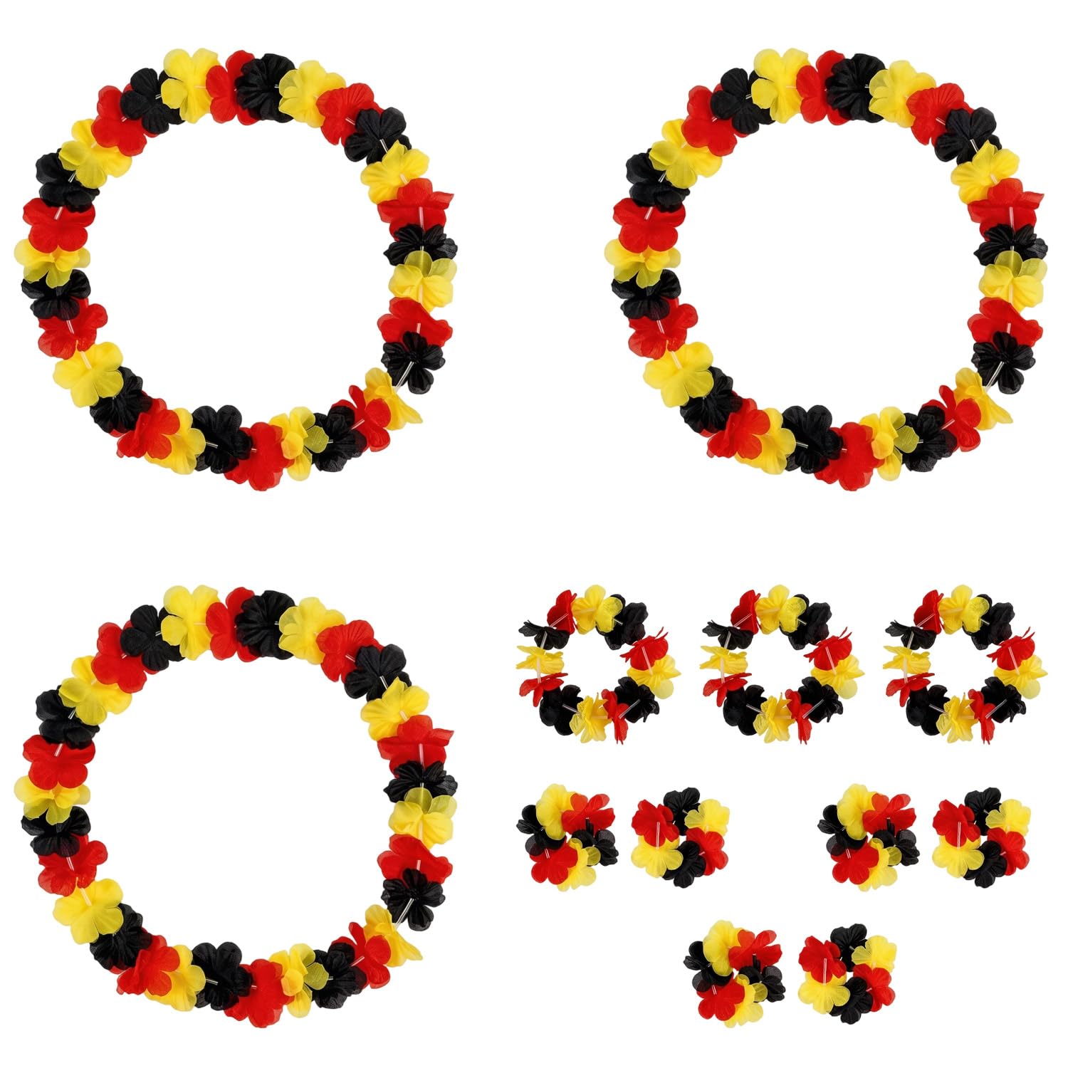 Lot de 3 Sets Collier Hawaien Fleurs Noir Rouge Jaune (12 Pièces), accessoire supporter pour matchs de football, décoration fan de foot pour fêtes, 3 colliers, 3 bandeaux et 6 bracelets