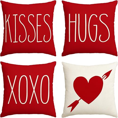 AVOIN - Juego de 4 fundas de almohada para el día de San Valentín, 20 x 20 pulgadas, diseño de besos y abrazos XOXO, diseño de flechas de corazón y