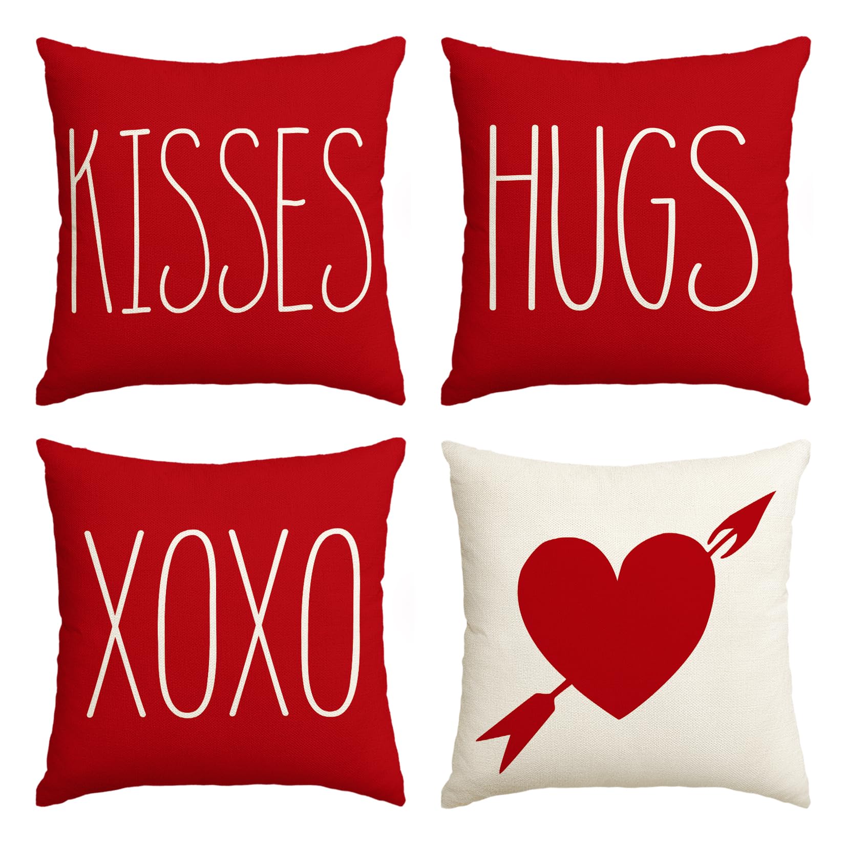 Photo 1 of AVOIN colorlife Valentine's Day Saying Throw Pillow Cover, 18 x 18 Inch Holiday Kisses Hugs XOXO Love Heart Arrow Anniversary Wedding Cushion Case Decoration for Sofa Couch Set of 4 Red 18 x 18-Inch