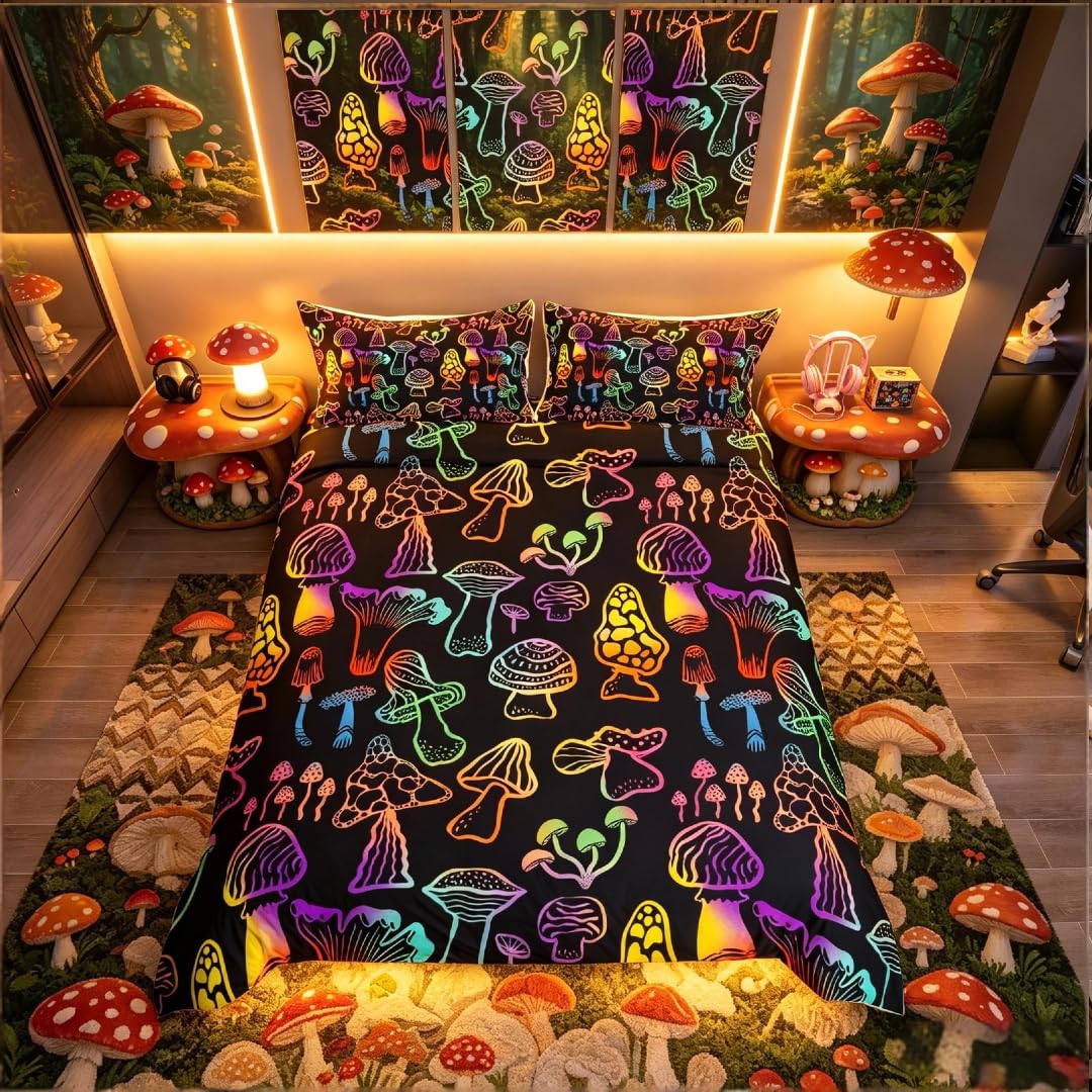 Homemissing Colorful Mushrooms Duvet Cover Cartoon Mushroom Bedding Set Kawaii Fungus Comforter Cover Nature Fungus Bedspread Cover Double 3Pcs Bedclothes 50x75cm Pillowcase