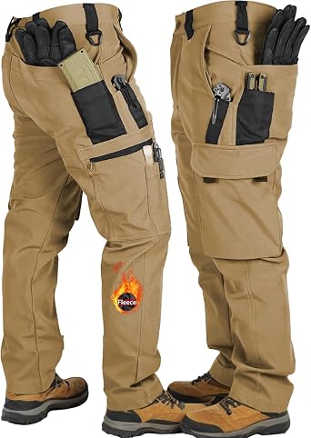 Men's Fleece Lined Snow Ski Pants Wateproof Windproof Softshell Tactical Pant Winter Outdoor Hiking Fishing Black